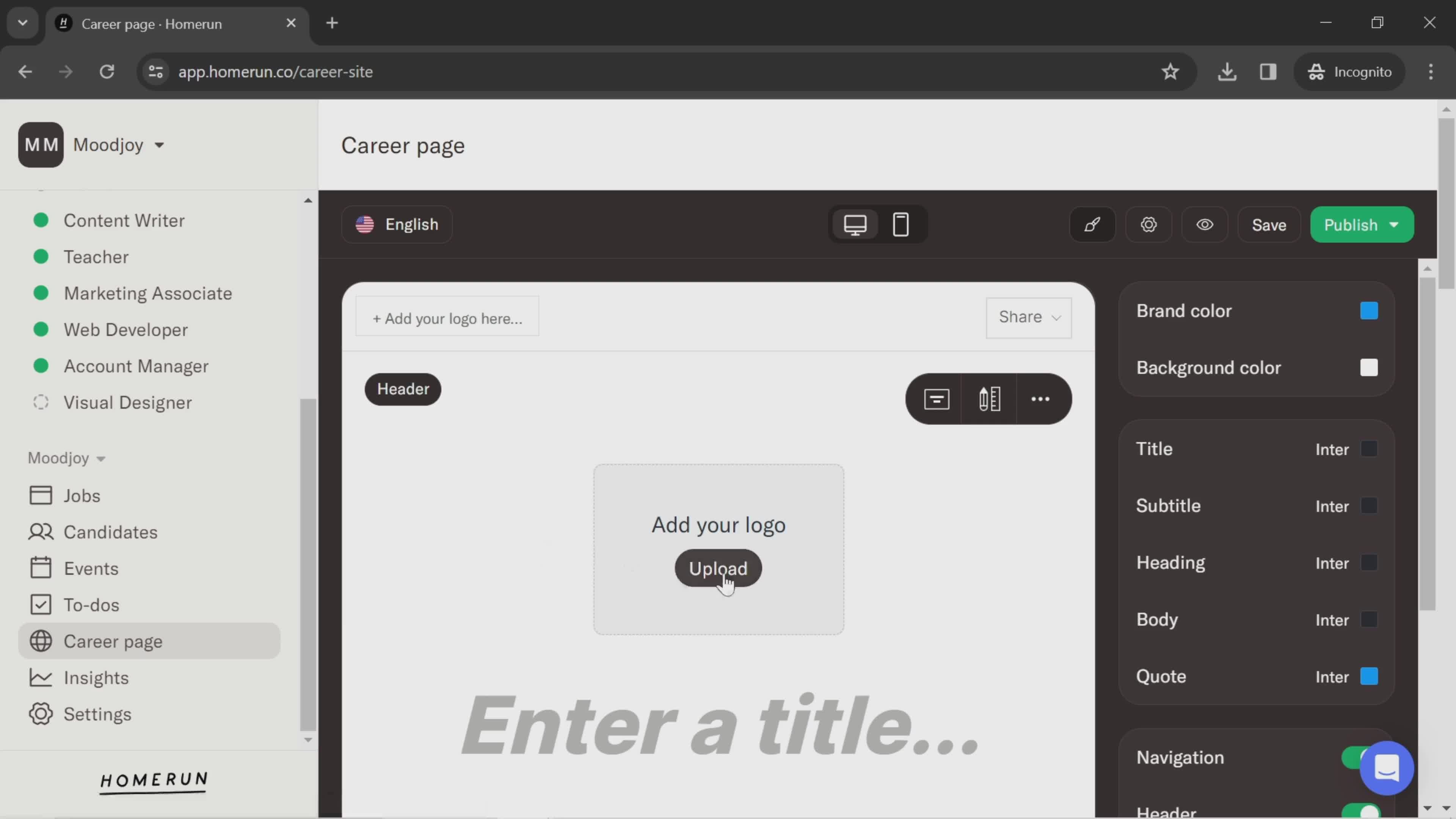 Creating a career page screenshot