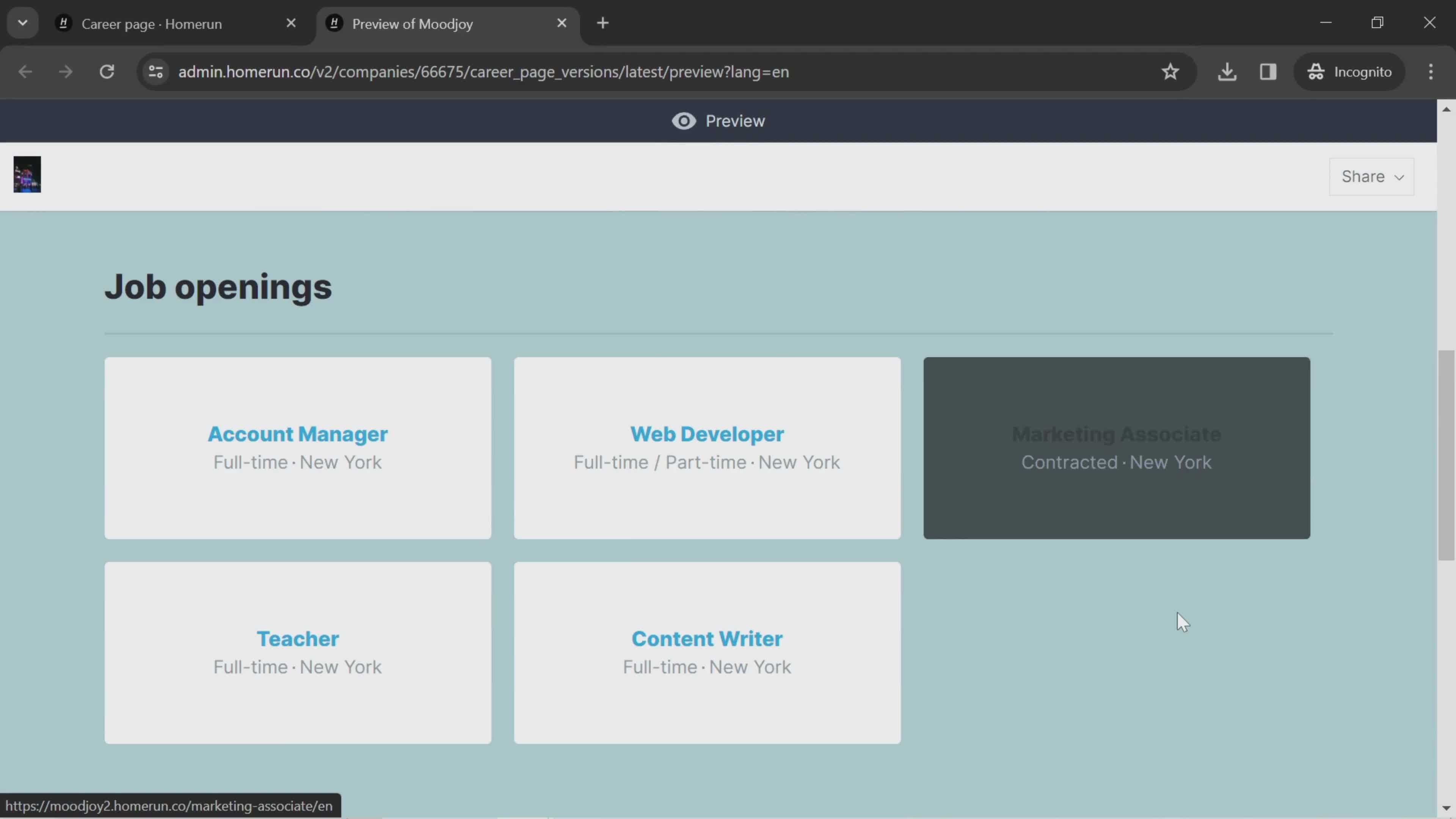 Creating a career page screenshot