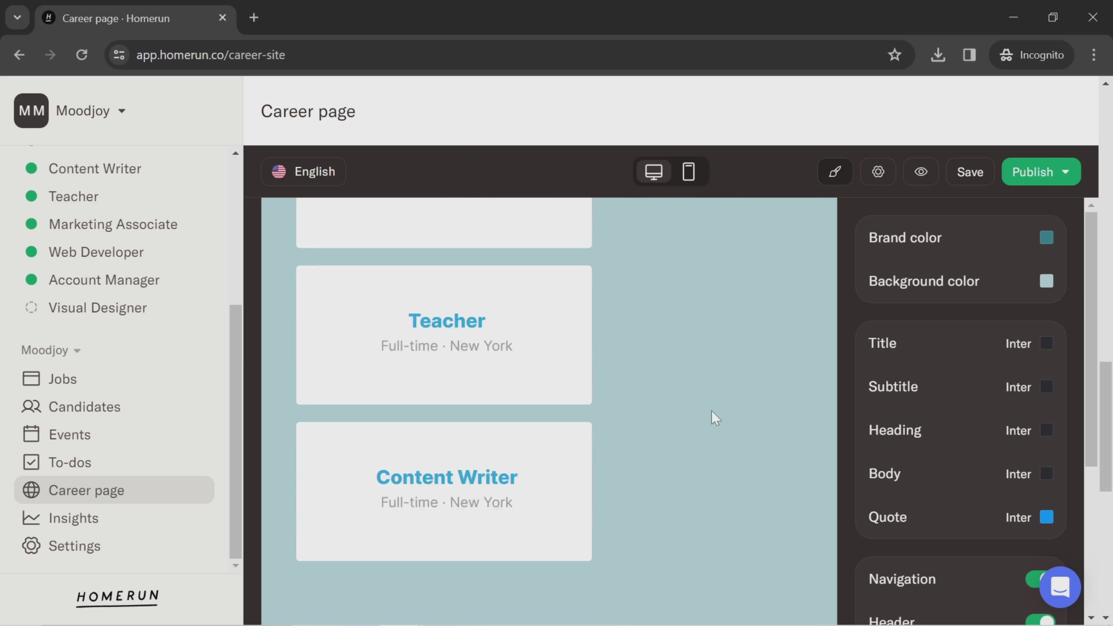 Creating a career page screenshot