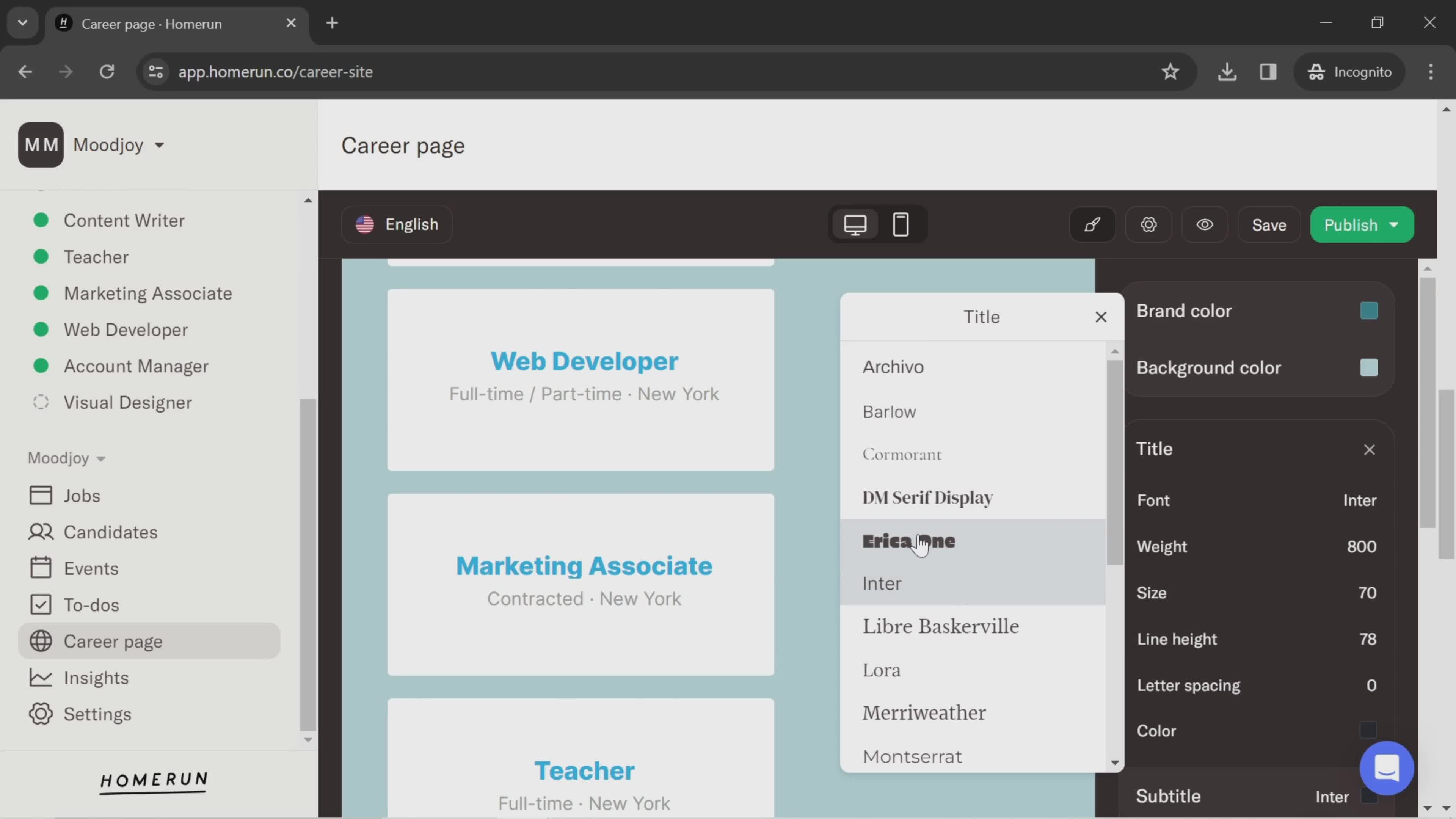 Creating a career page screenshot