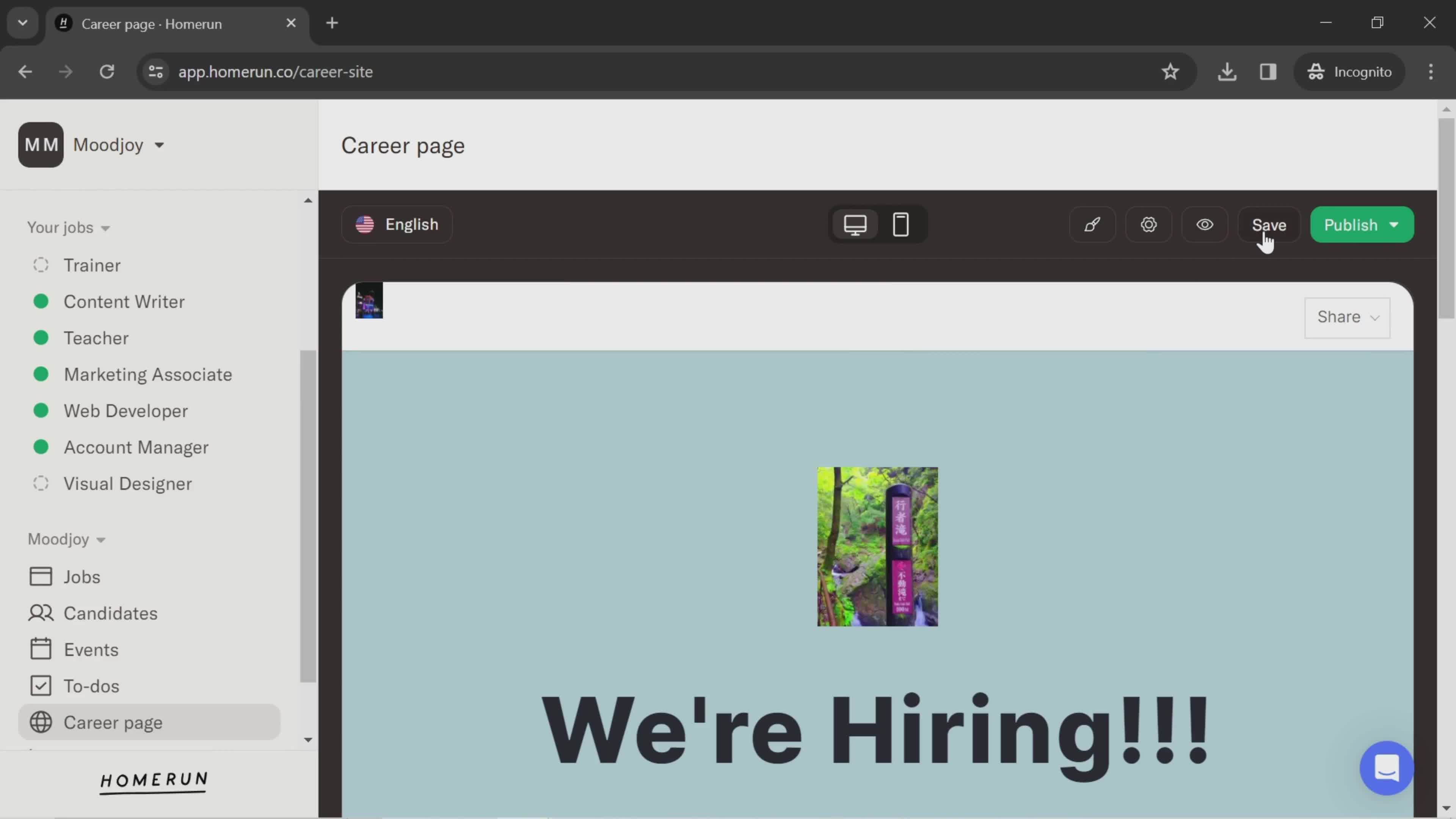 Creating a career page screenshot