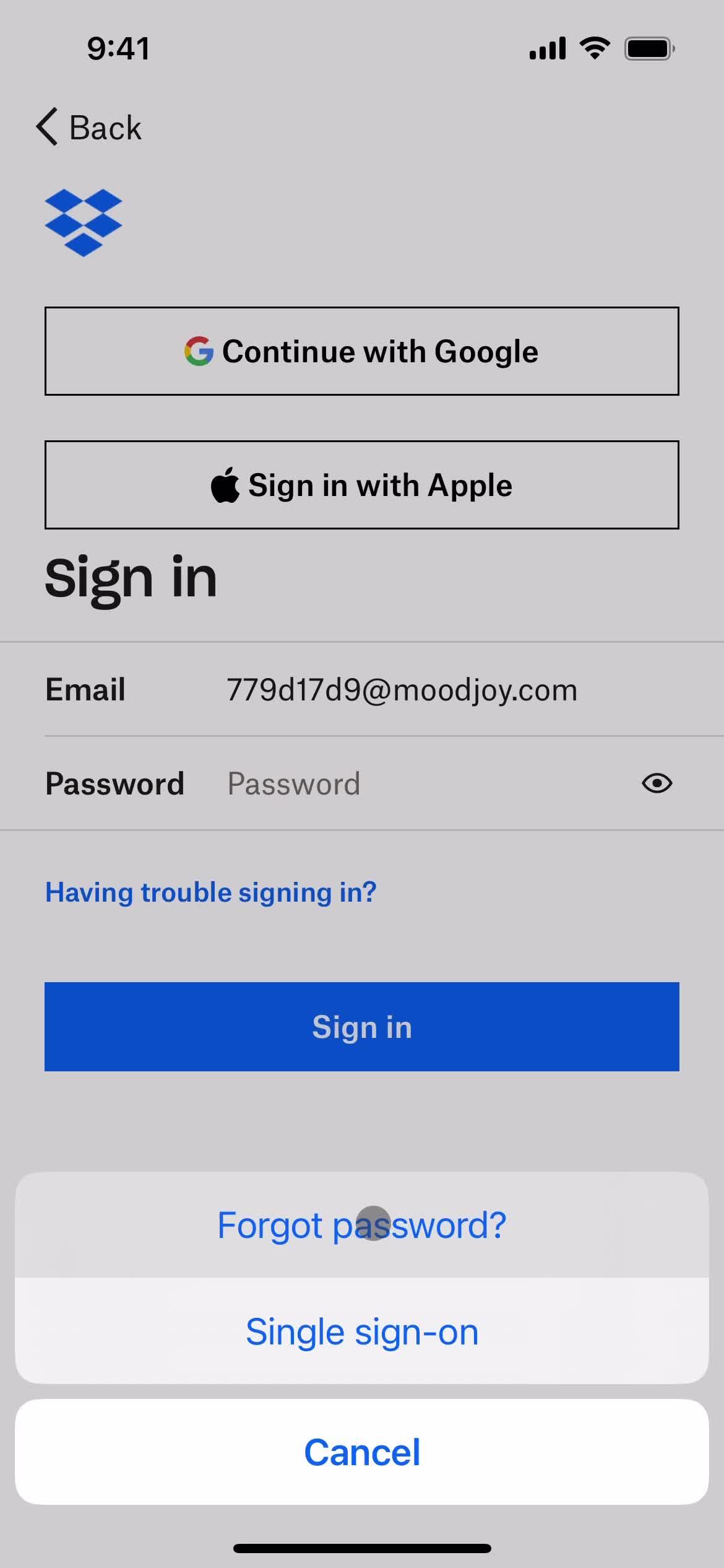 Resetting password screenshot