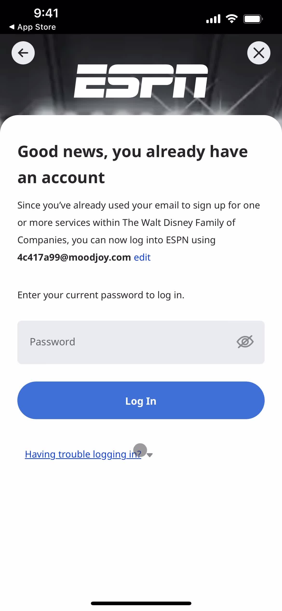 Resetting password on ESPN video thumbnail