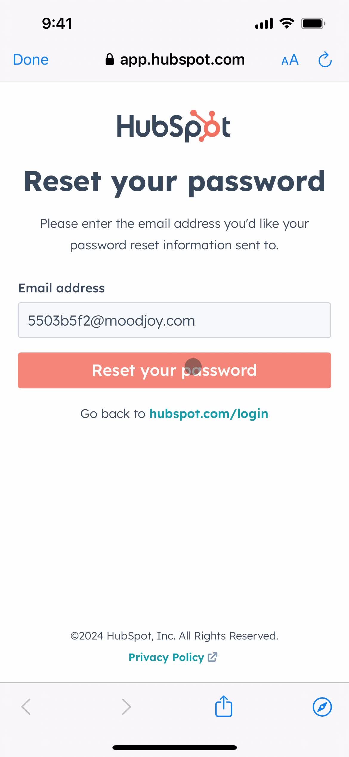 Resetting password screenshot