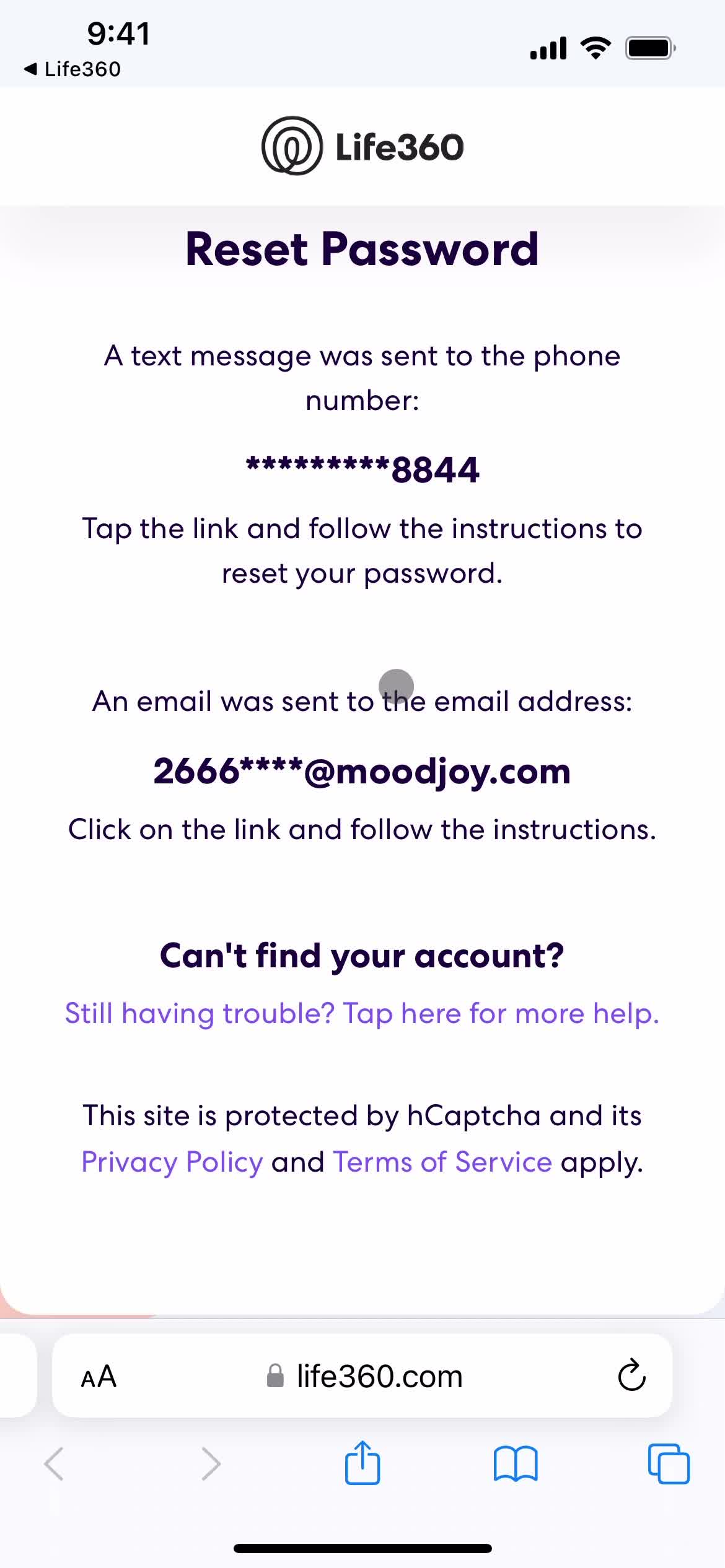 Resetting password screenshot