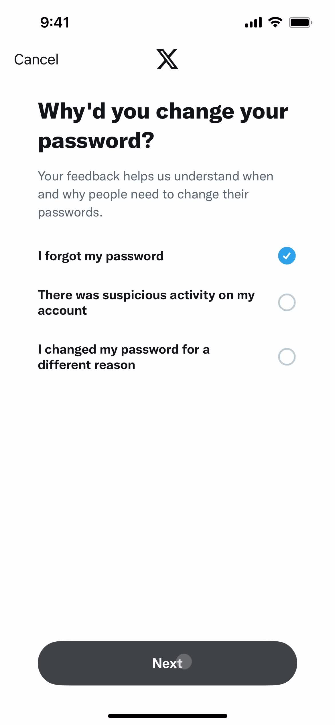 Password reset screenshot