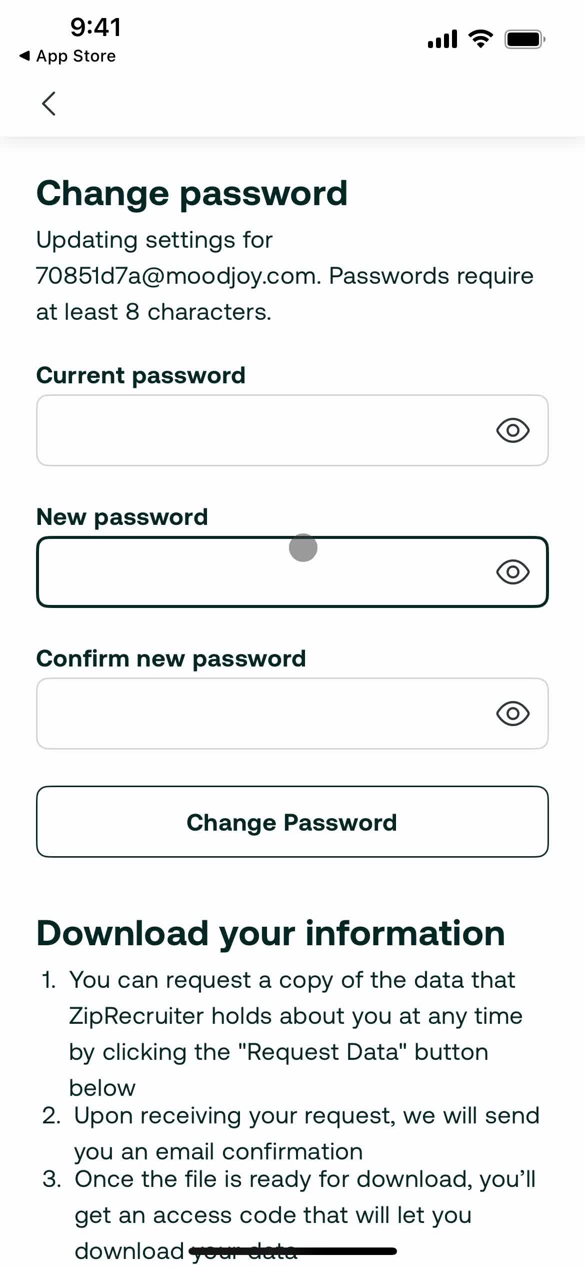 Changing password screenshot