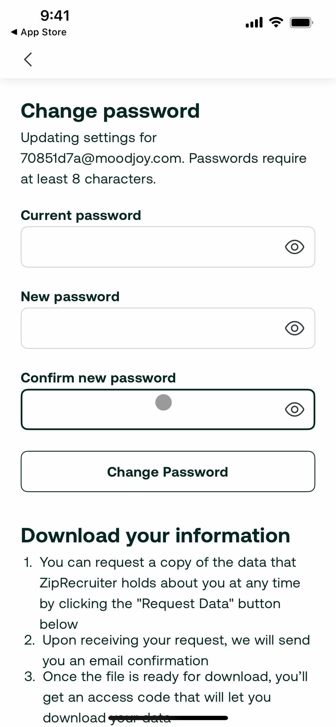 Changing password screenshot