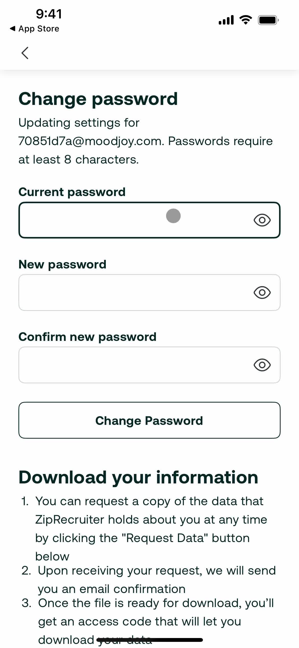 Changing password screenshot