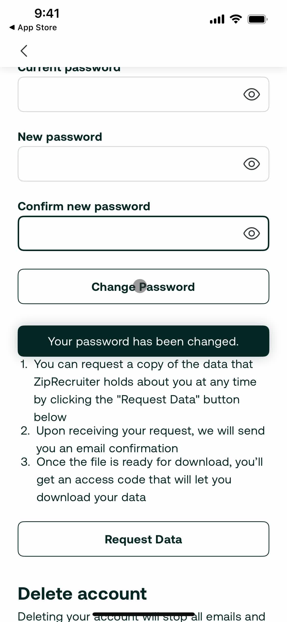 Changing password screenshot