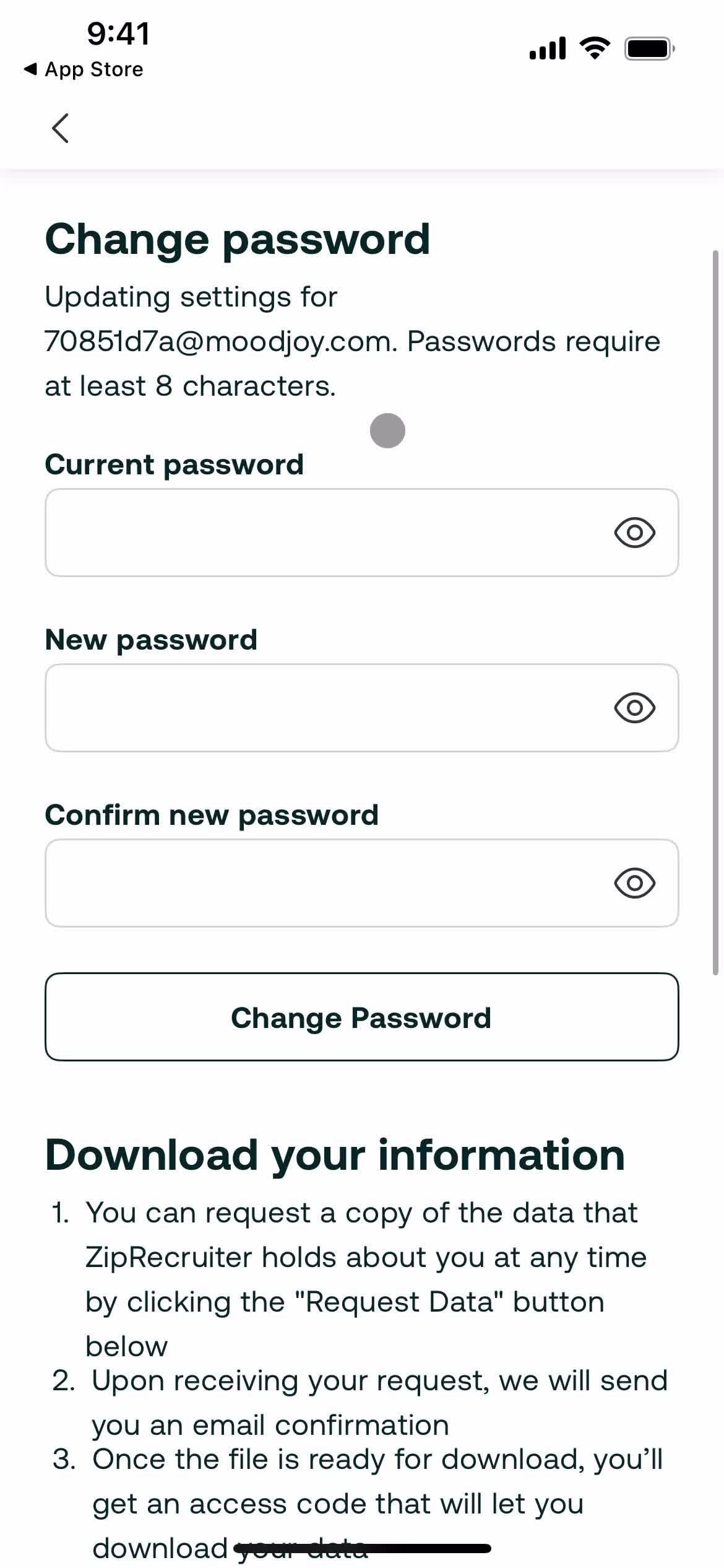 Changing password screenshot