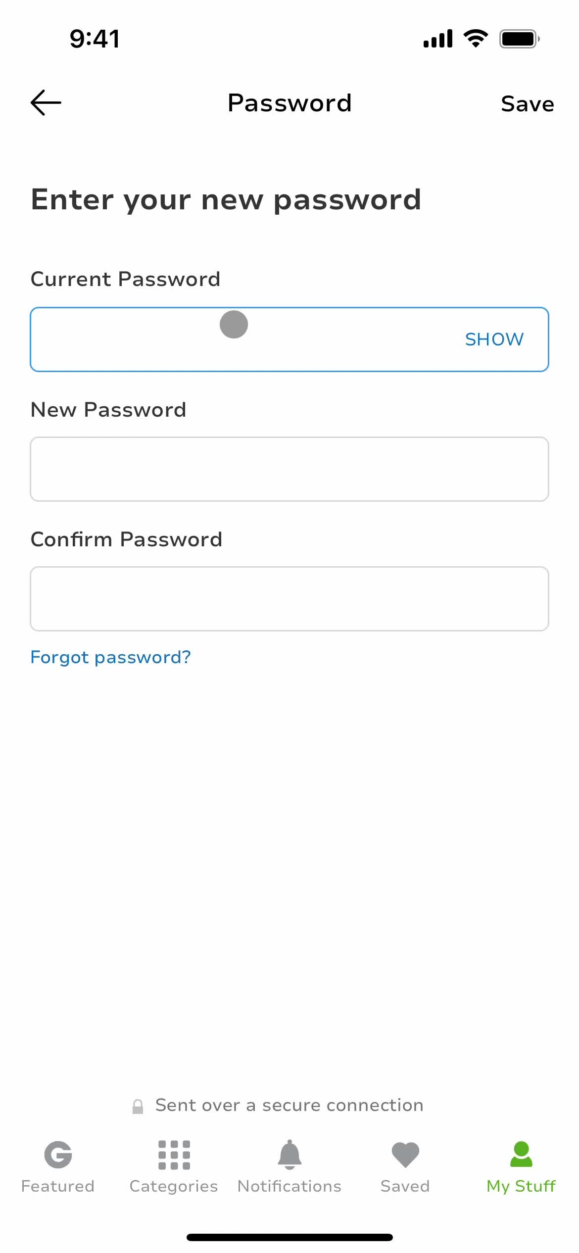 Changing password screenshot