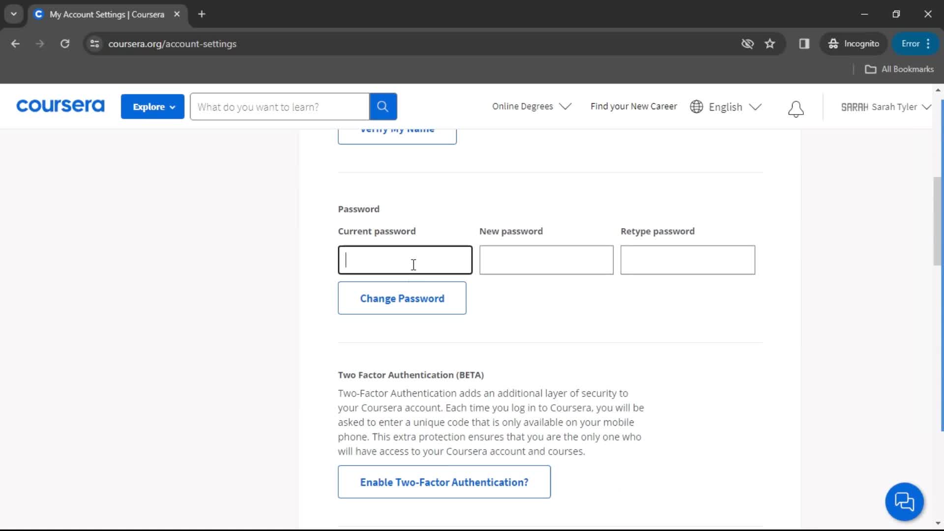 Changing password screenshot