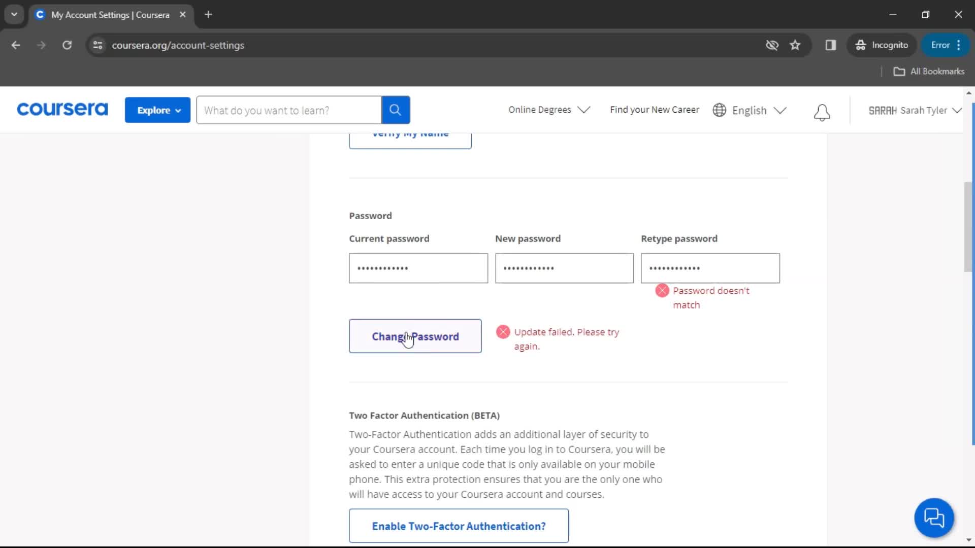 Changing password screenshot