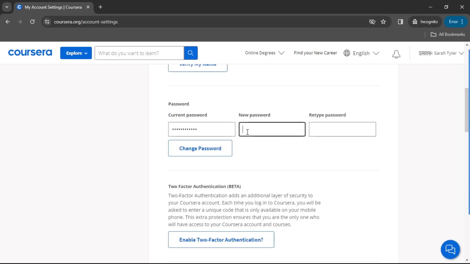 Changing password screenshot