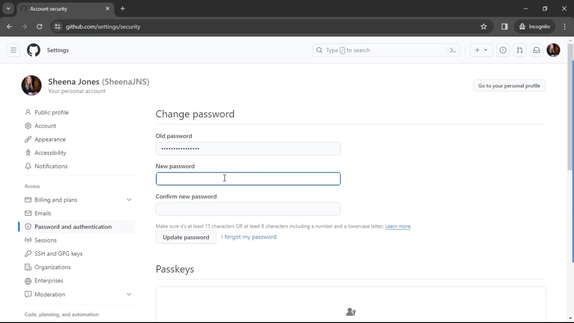 Changing password screenshot