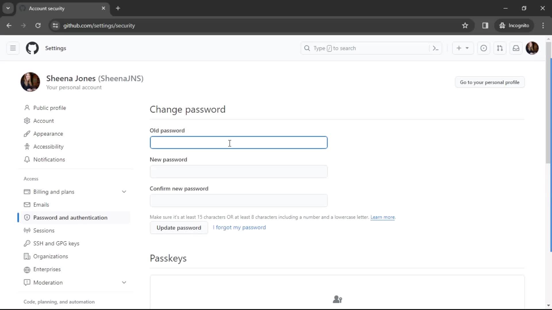 Changing password screenshot