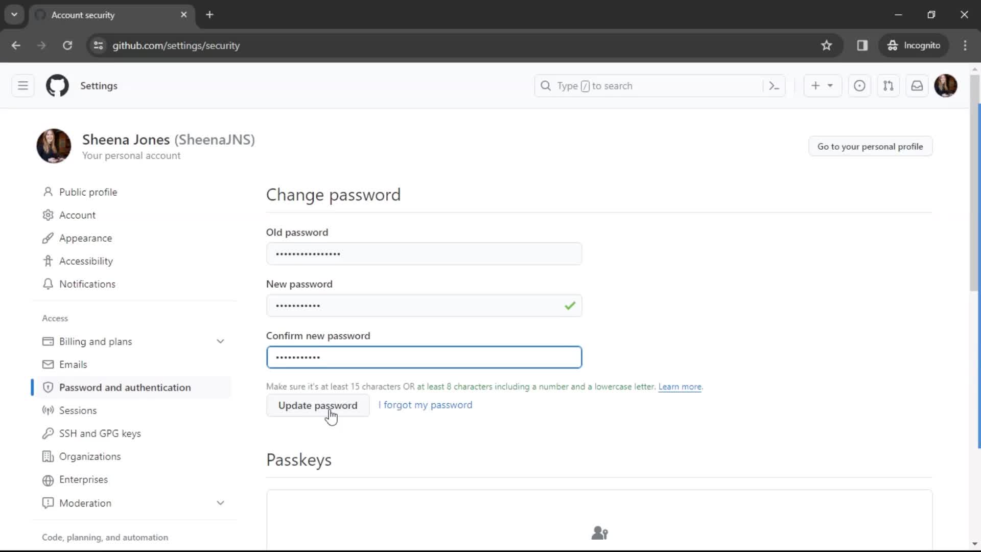 Changing password screenshot