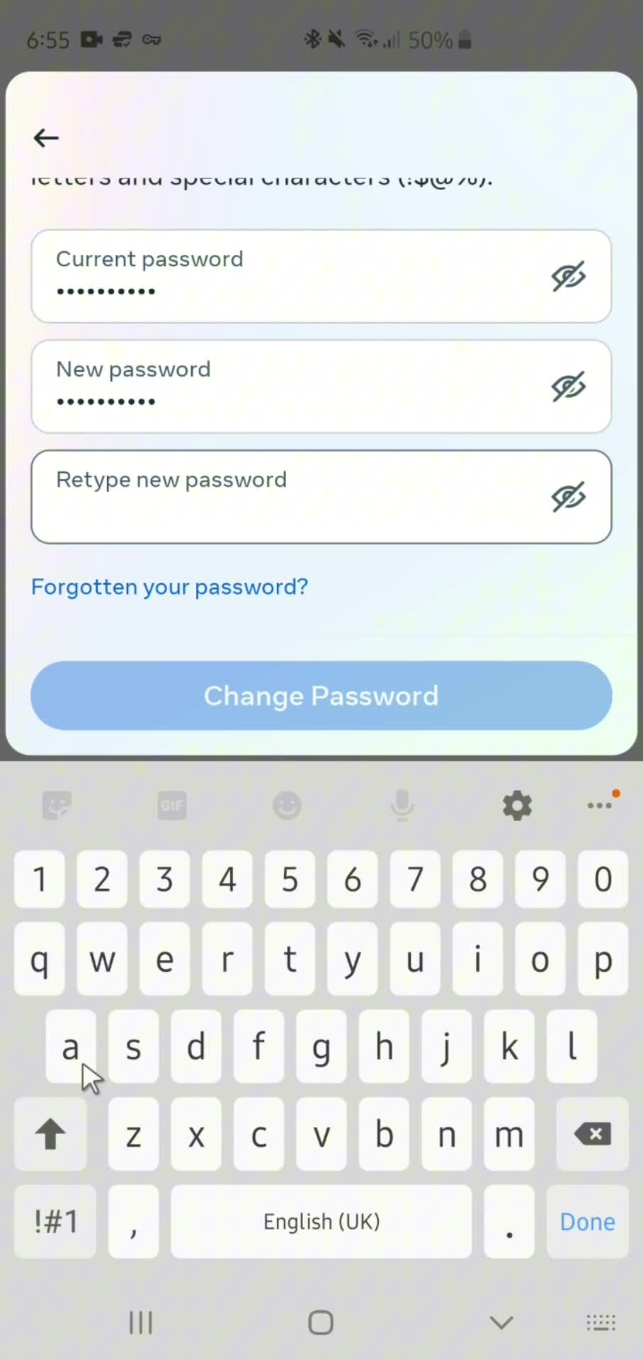 Changing password screenshot