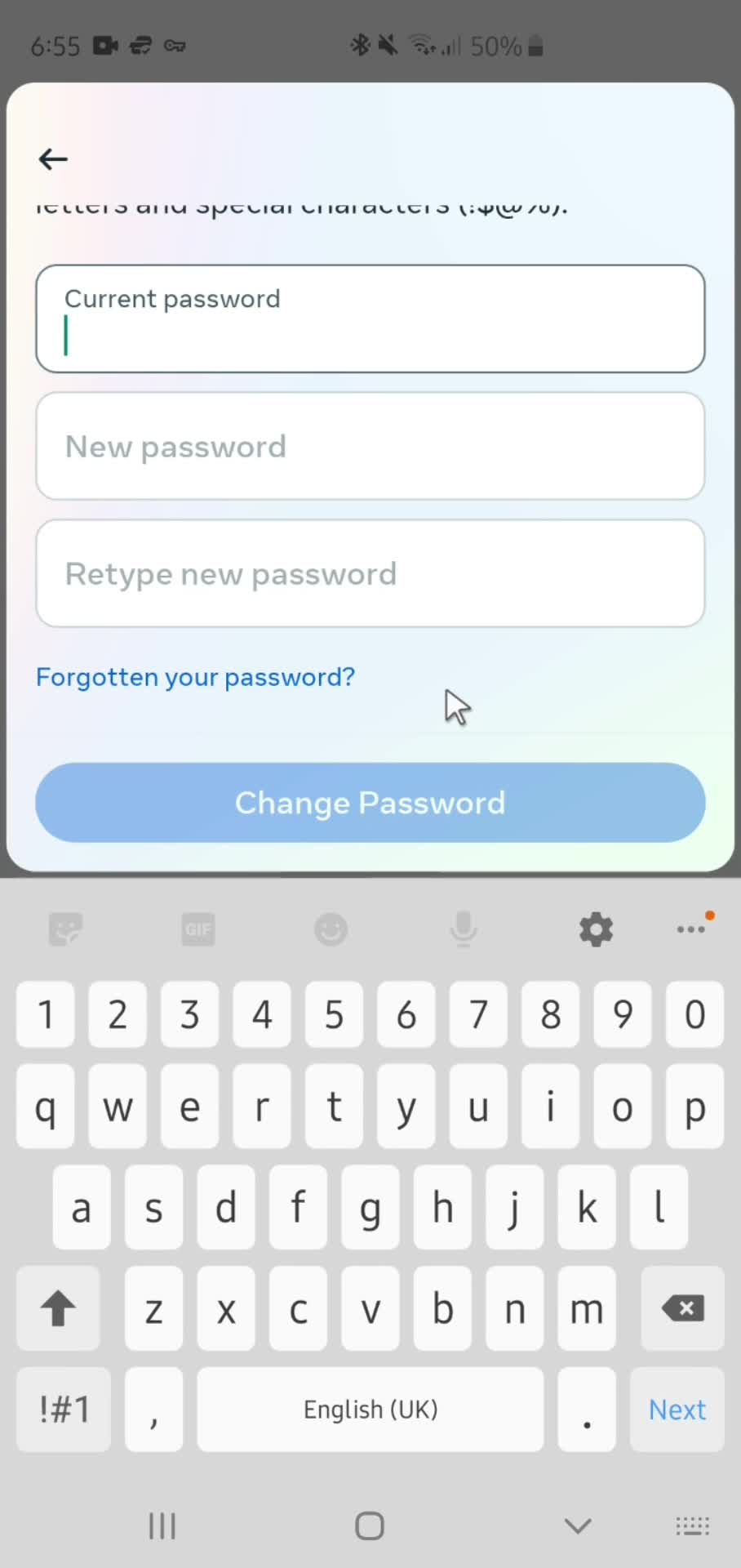 Changing password screenshot