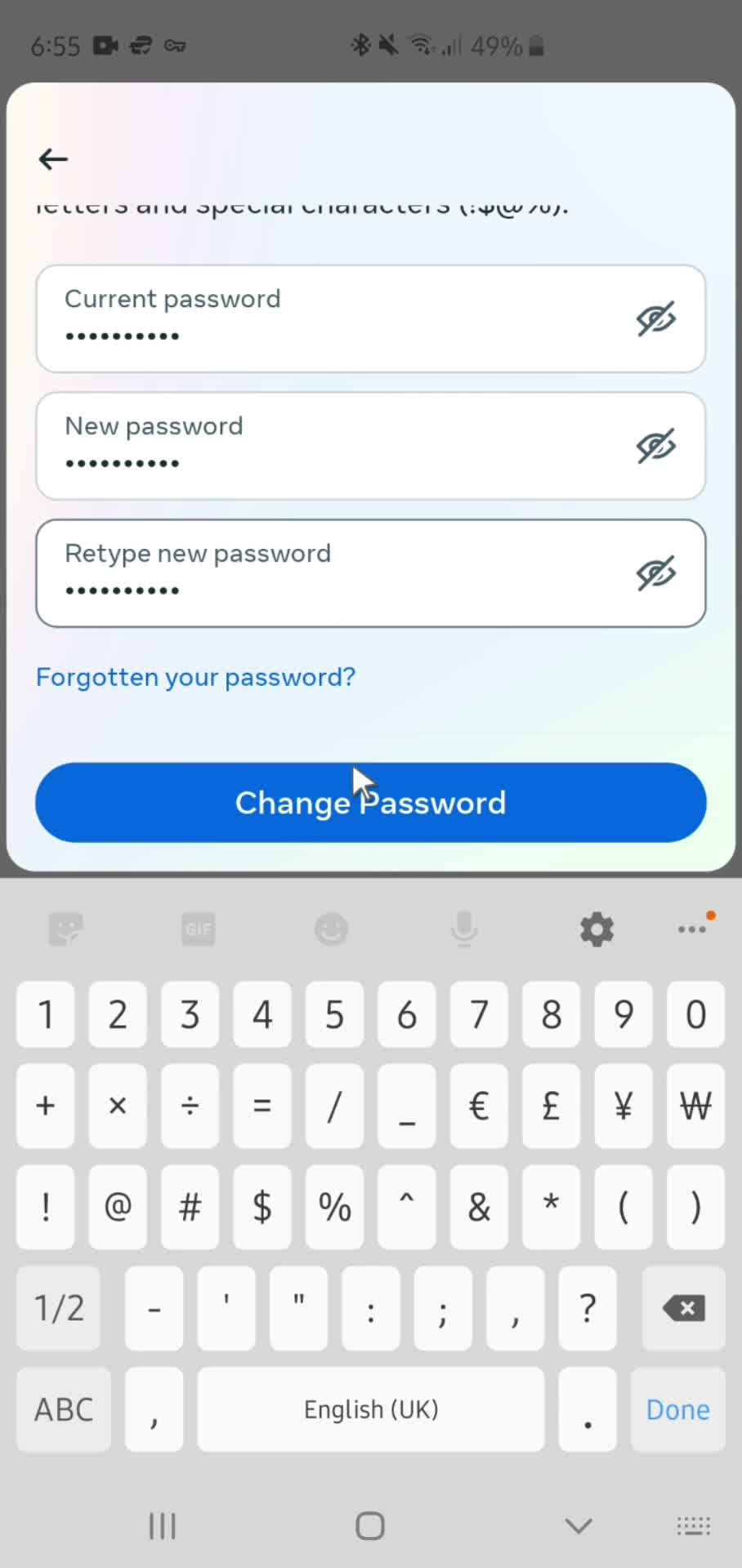 Changing password screenshot