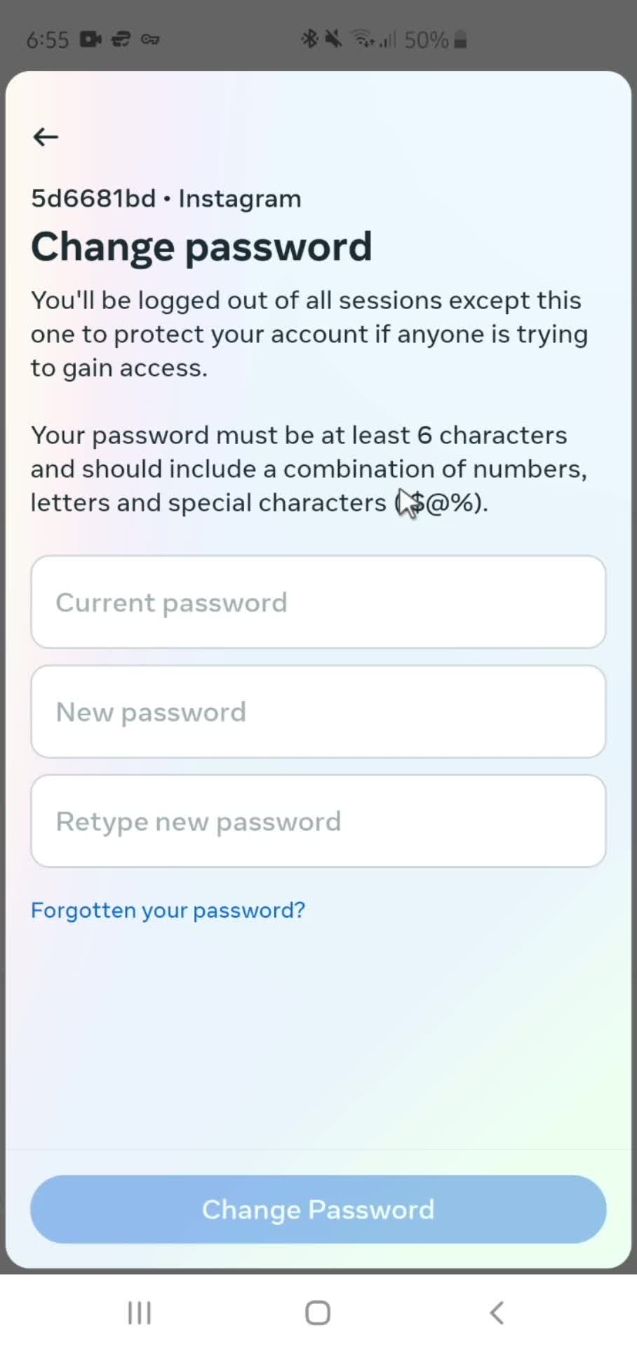 Changing password screenshot