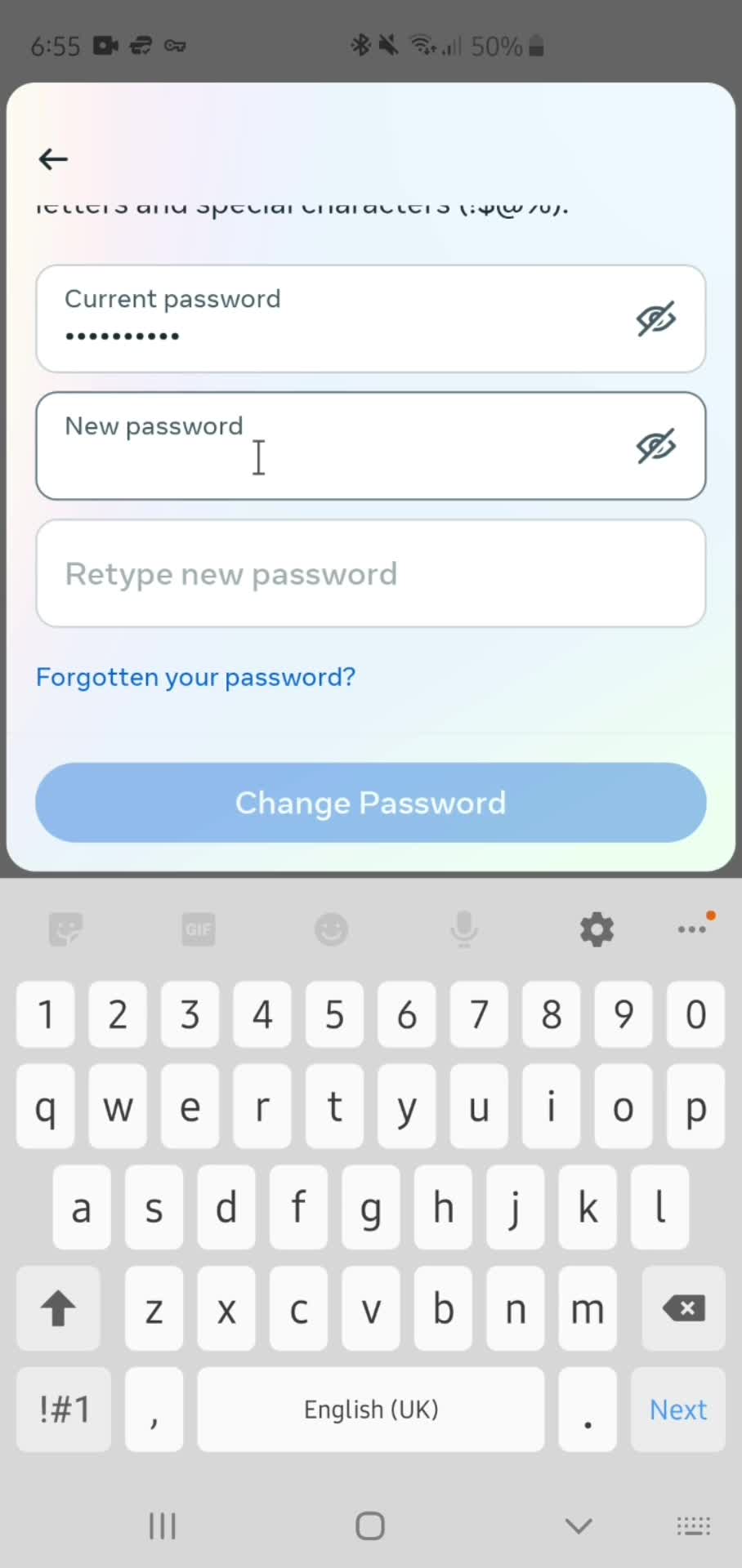 Changing password screenshot