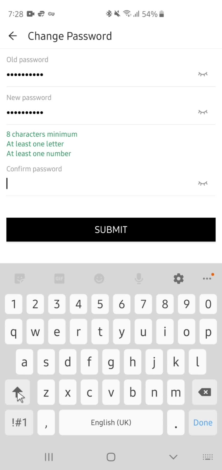 Changing password screenshot