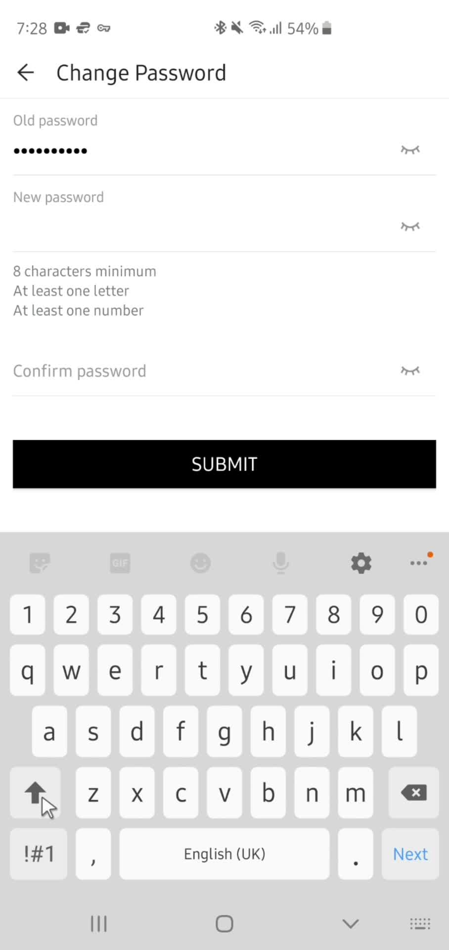 Changing password screenshot