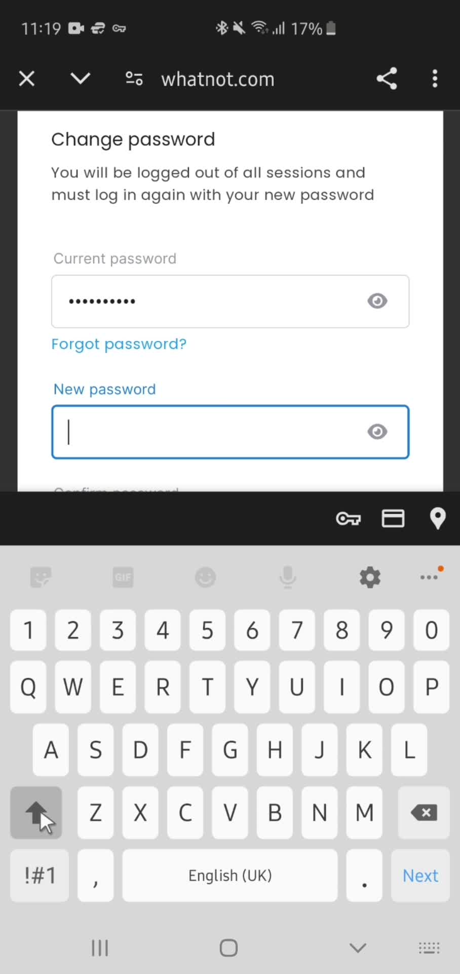 Changing password screenshot