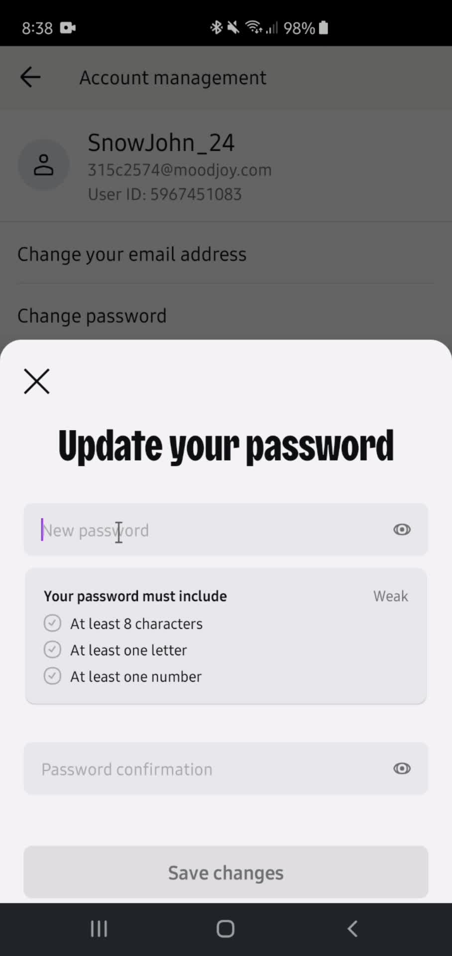 Changing password screenshot