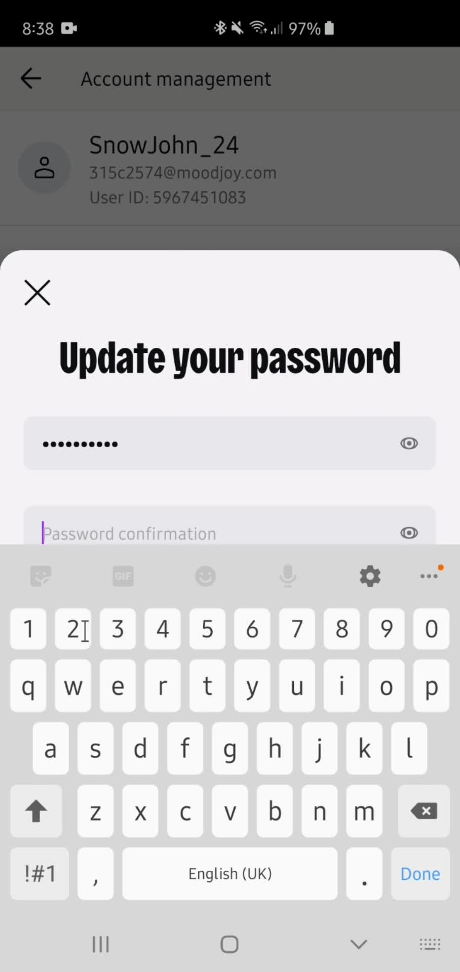 Changing password screenshot