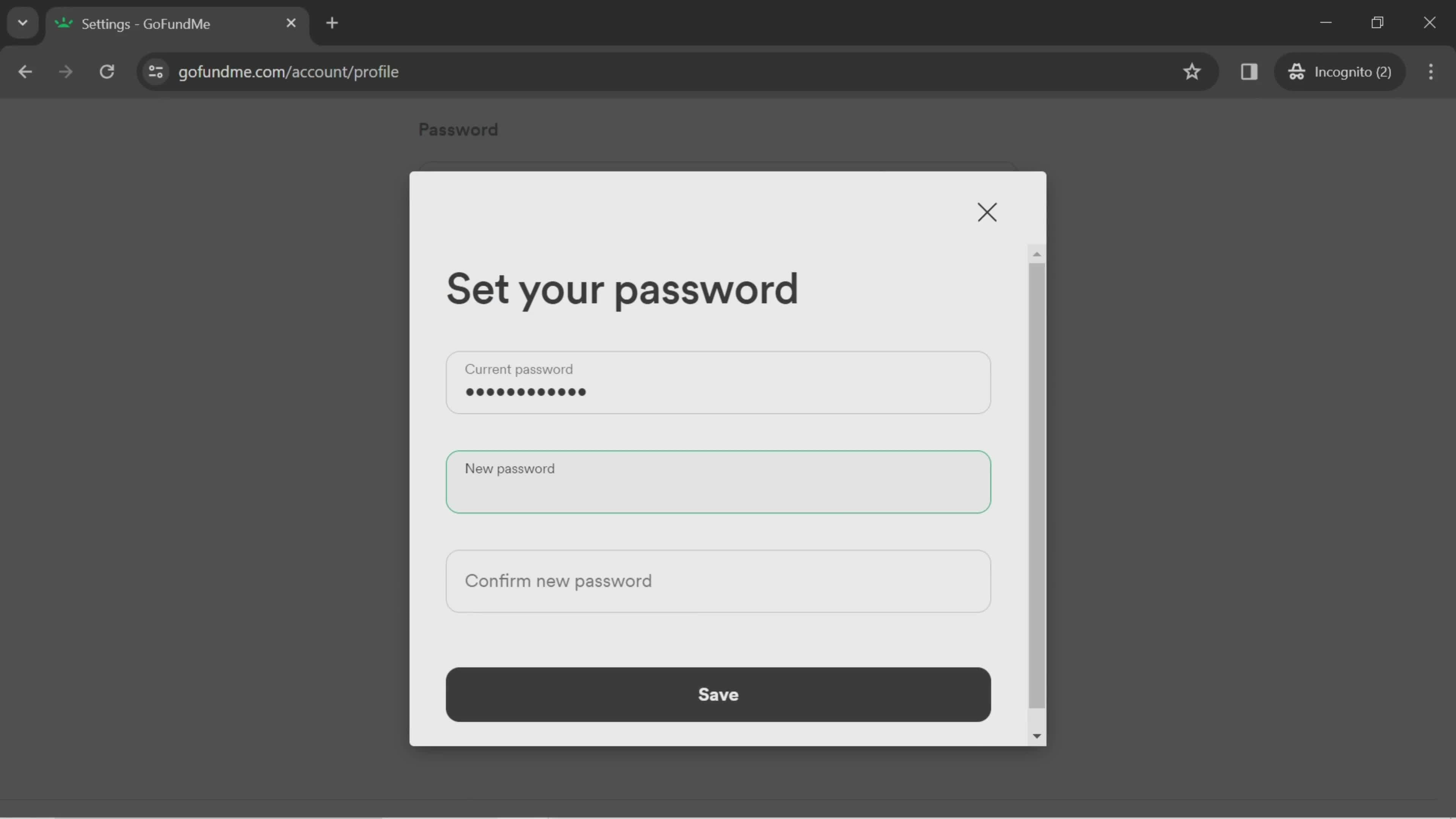 Changing password screenshot