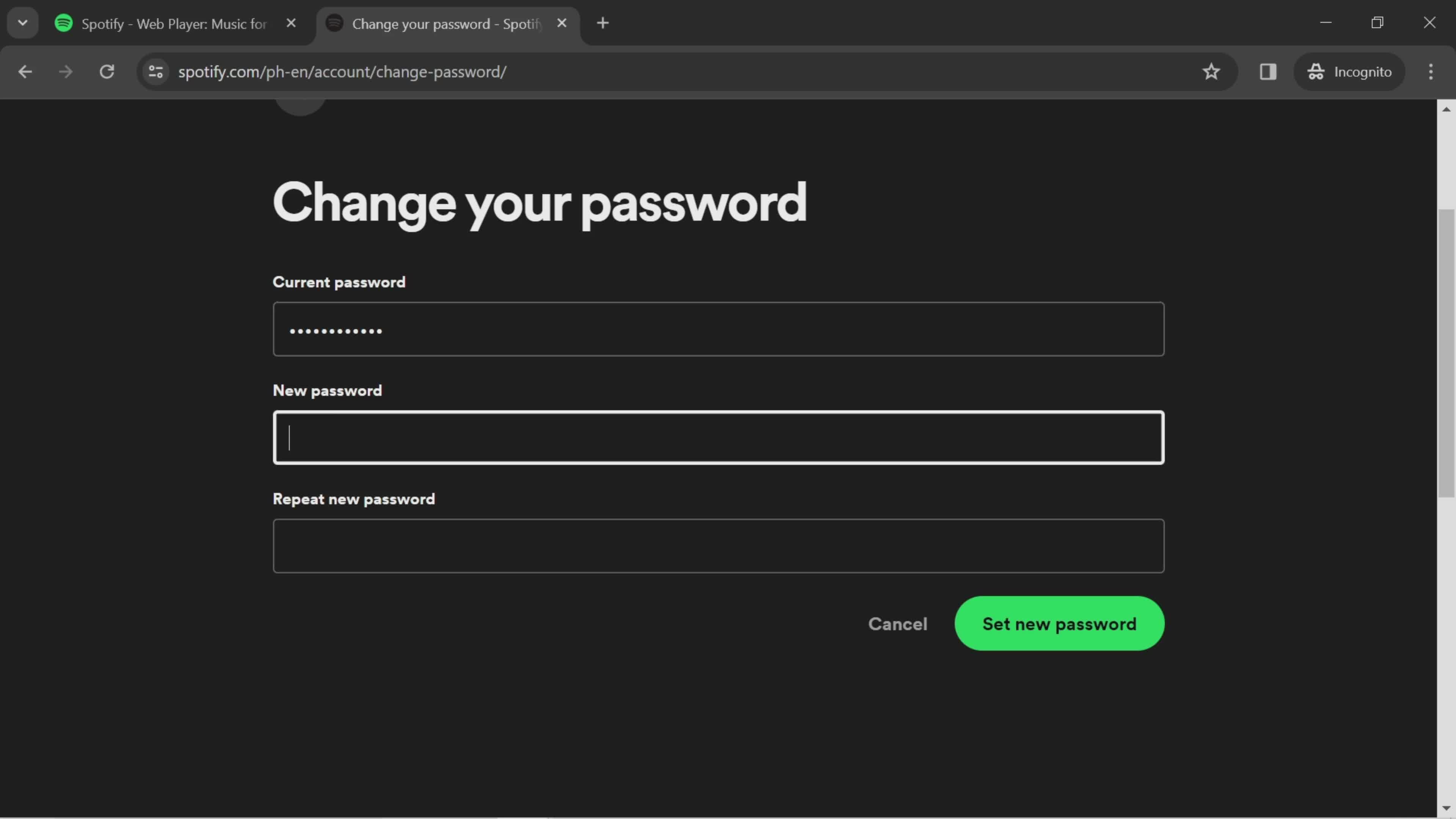 Changing password screenshot