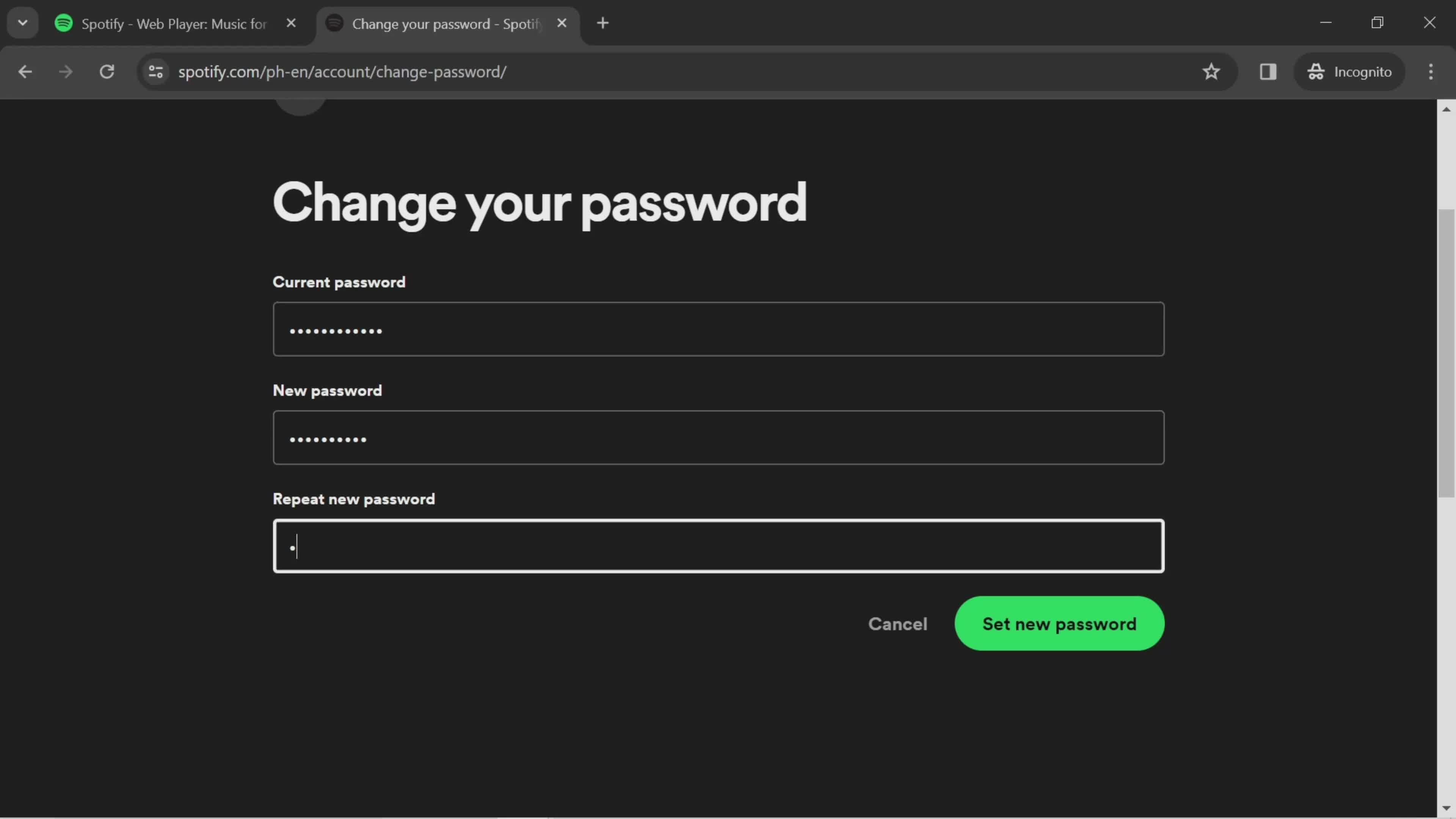 Changing password screenshot