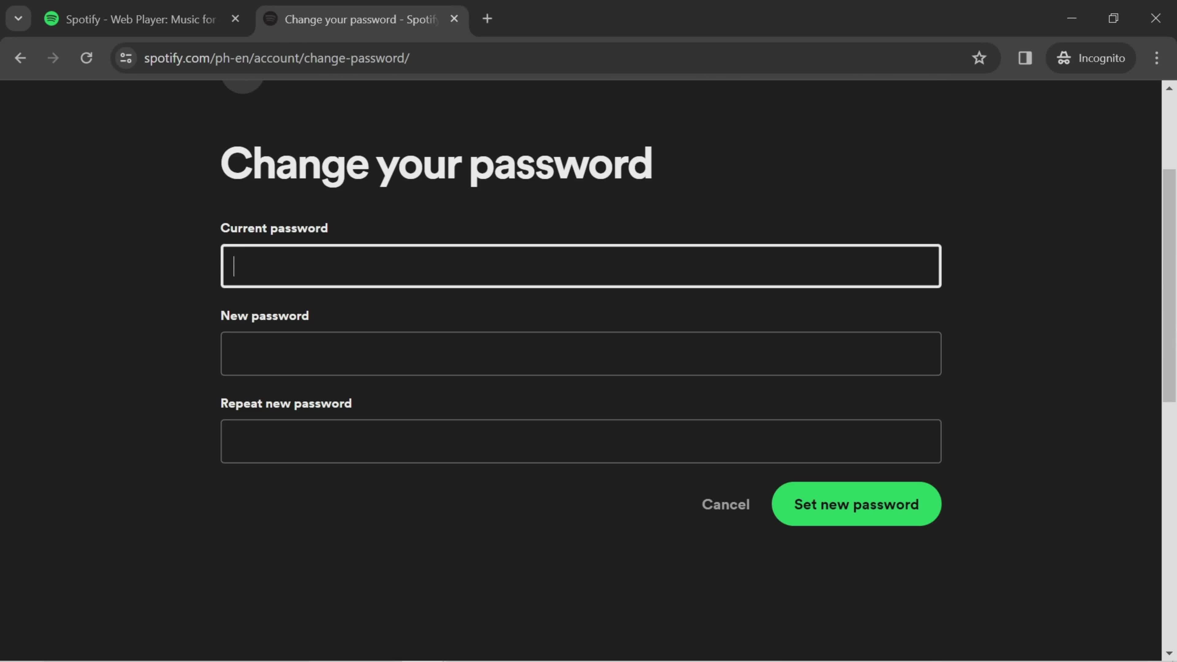 Changing password screenshot