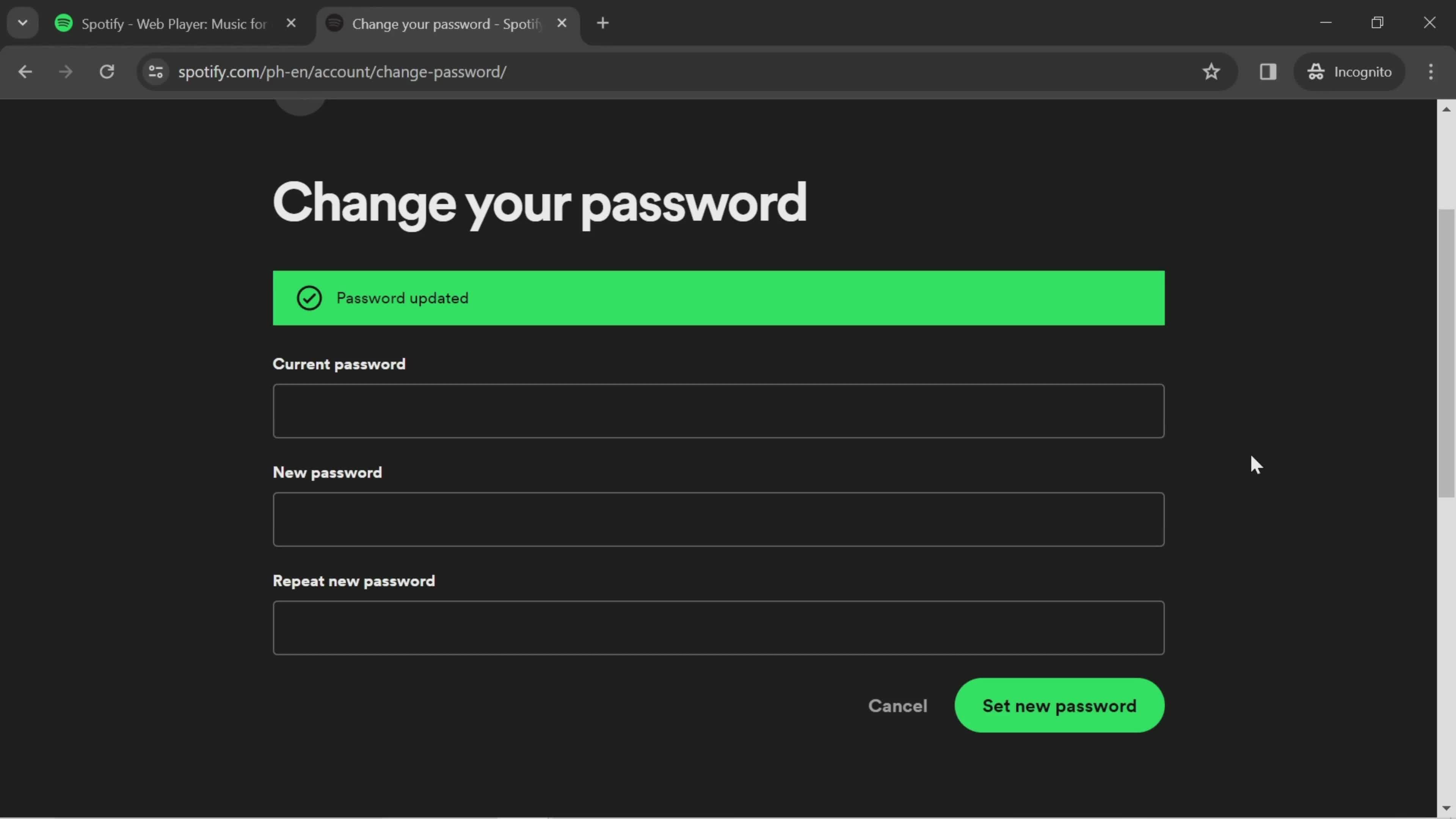 Changing password screenshot