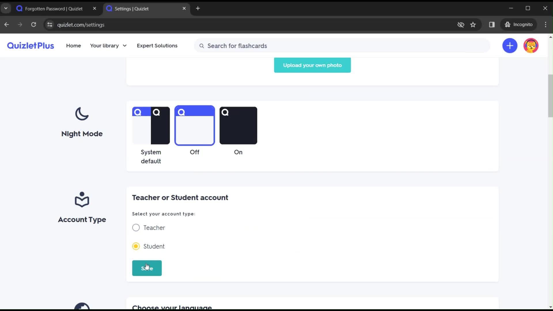 Changing account type screenshot