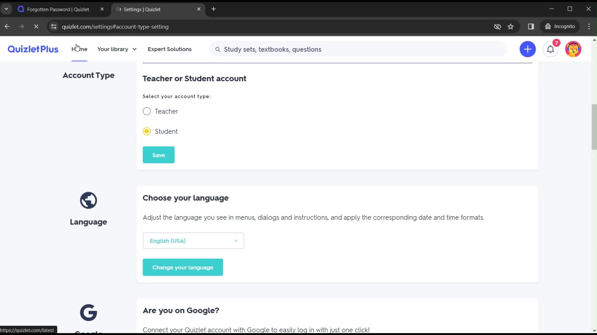 Changing account type screenshot