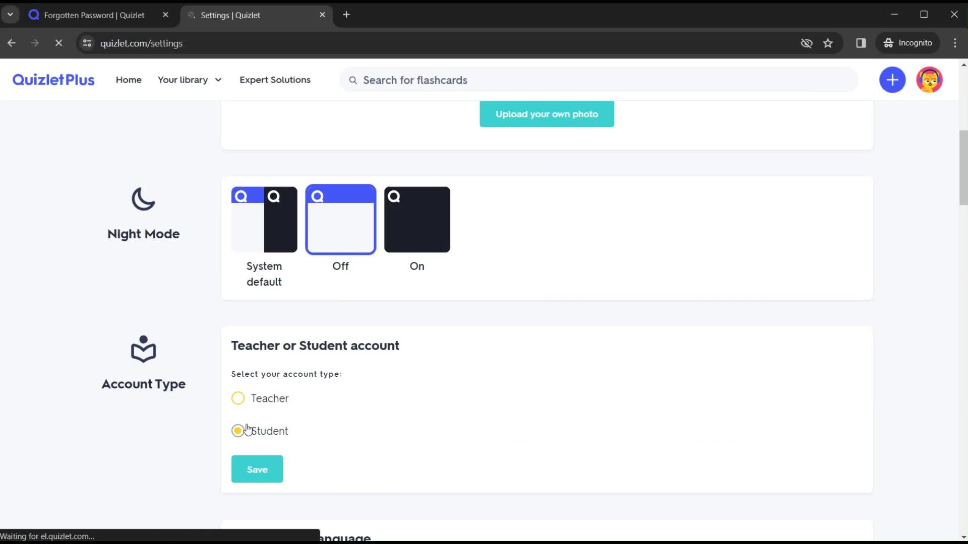 Changing account type screenshot