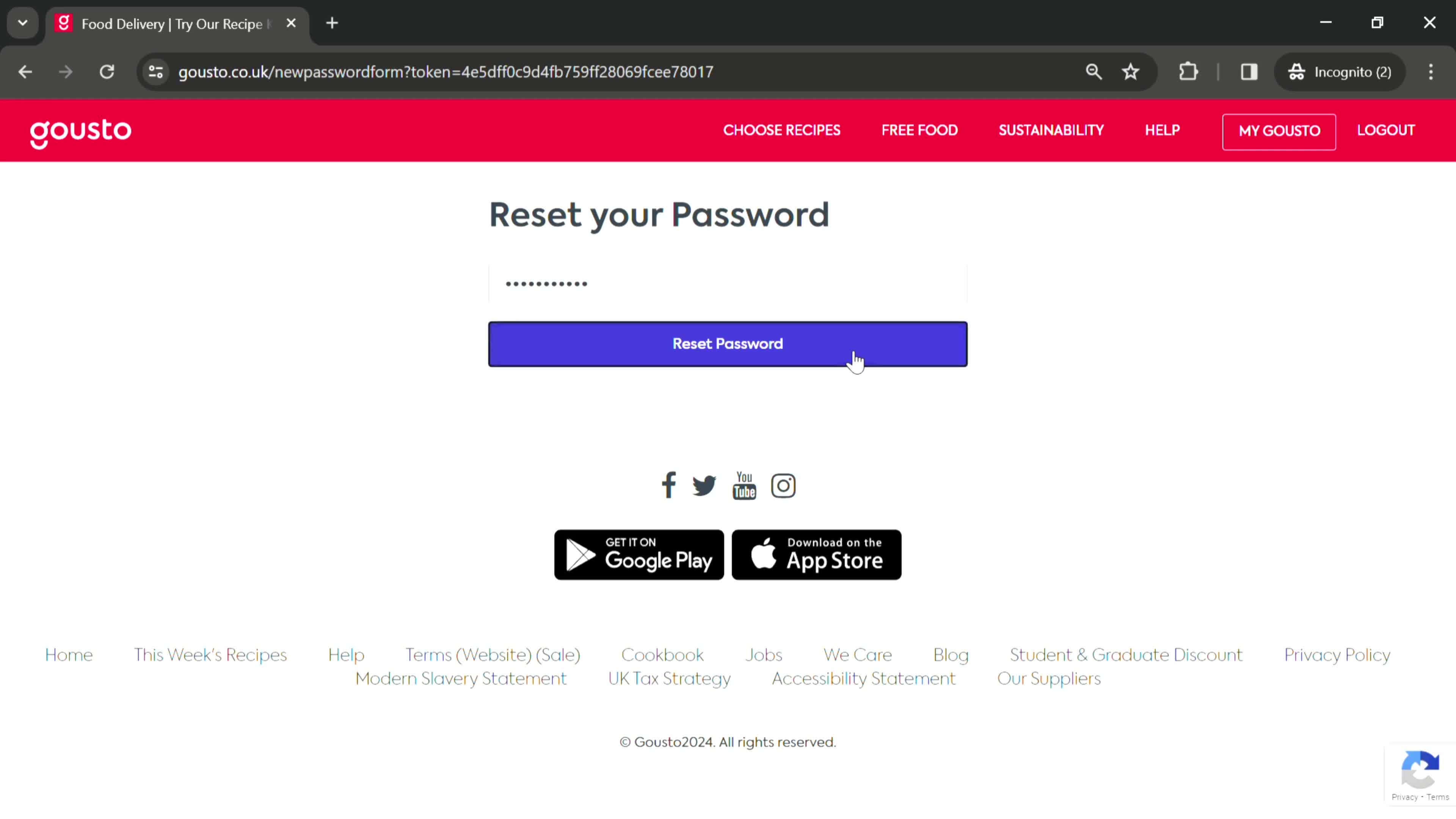 Resetting password screenshot