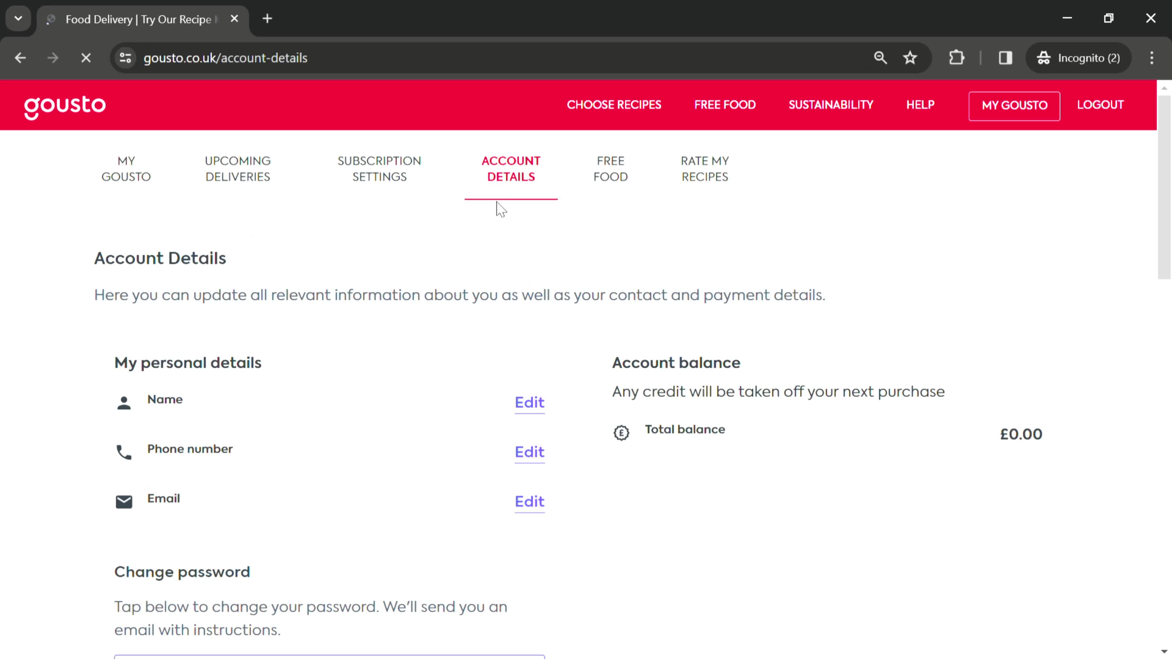 Screenshot of Account details on Resetting password on Gousto user flow