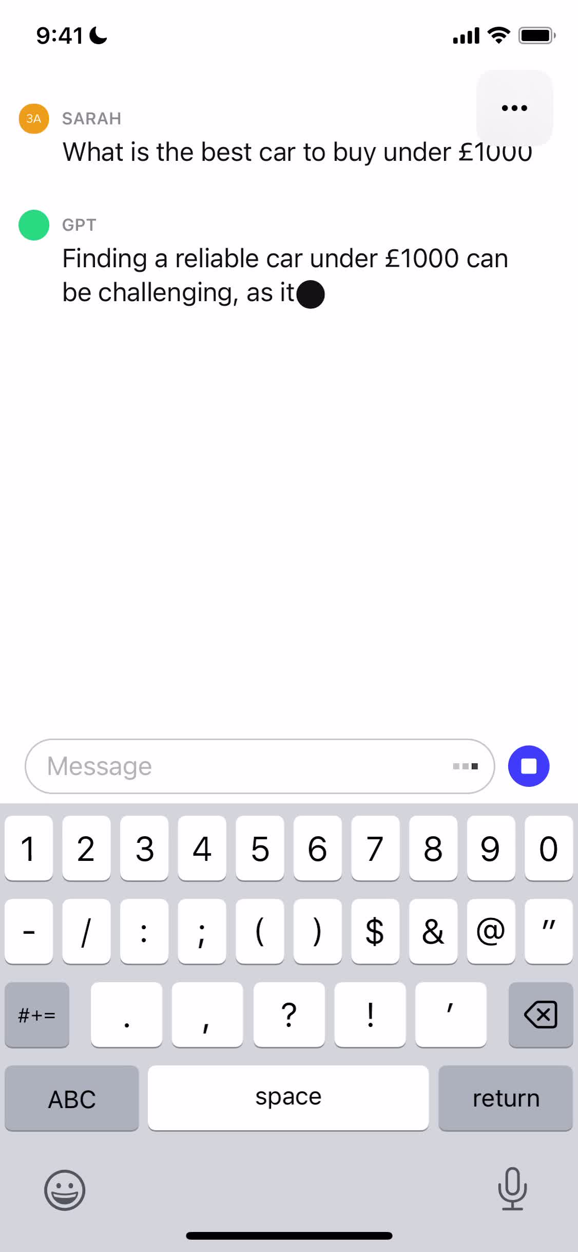 Chat bot screenshot