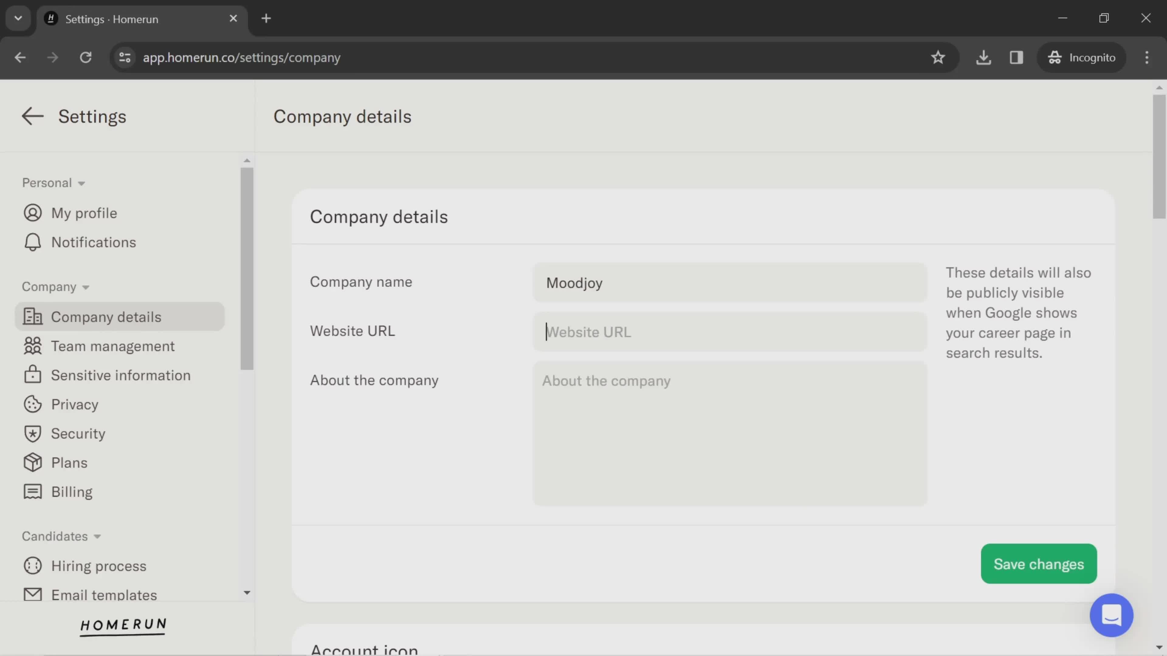 Updating company details screenshot