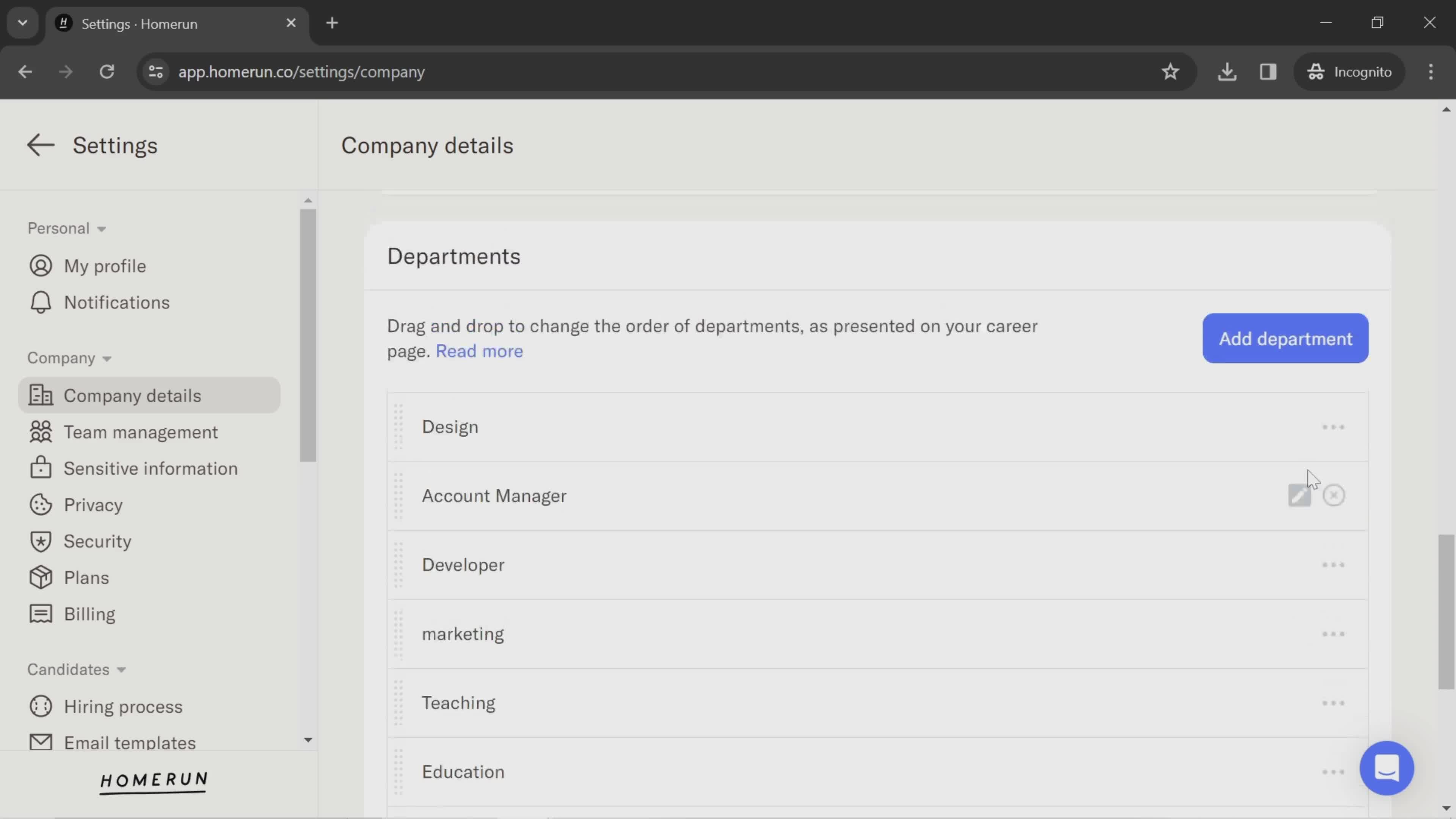 Updating company details screenshot