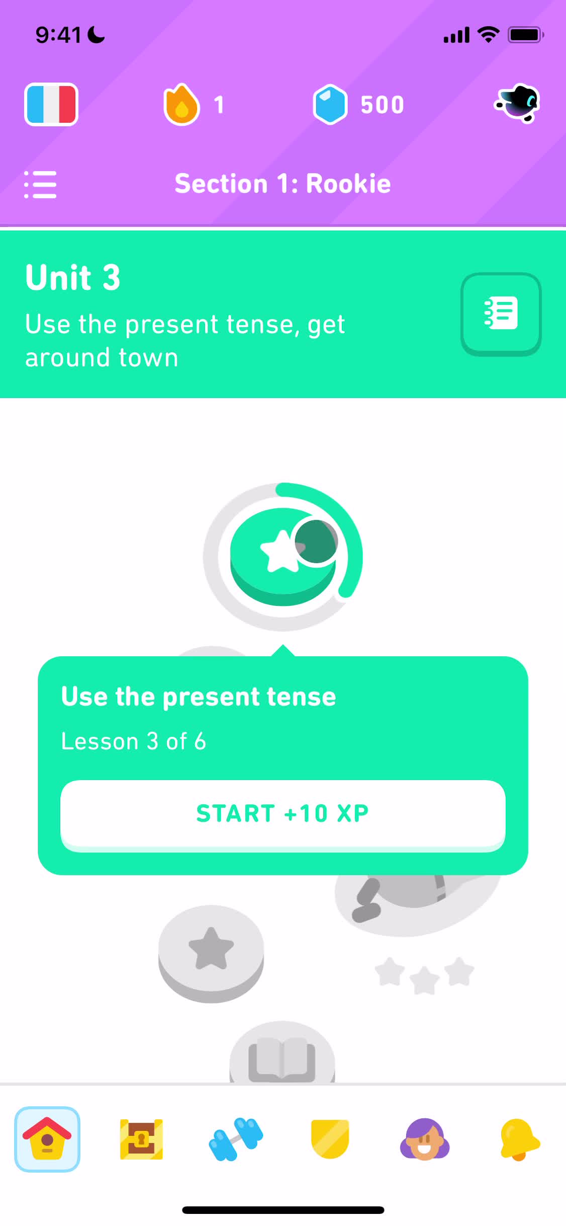 Screenshot of Start quiz on Completing a level on Duolingo user flow