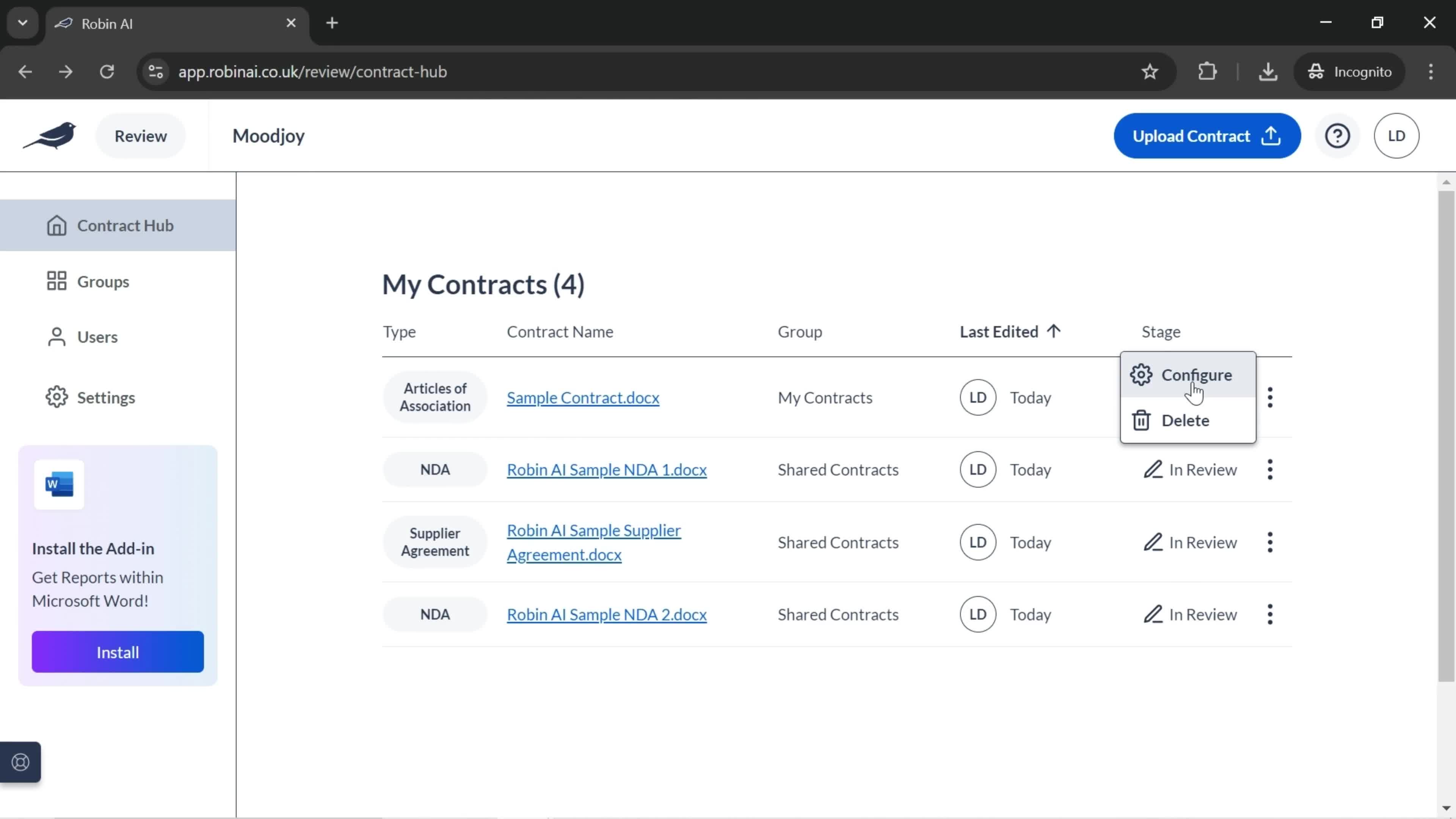 Configuring contracts screenshot