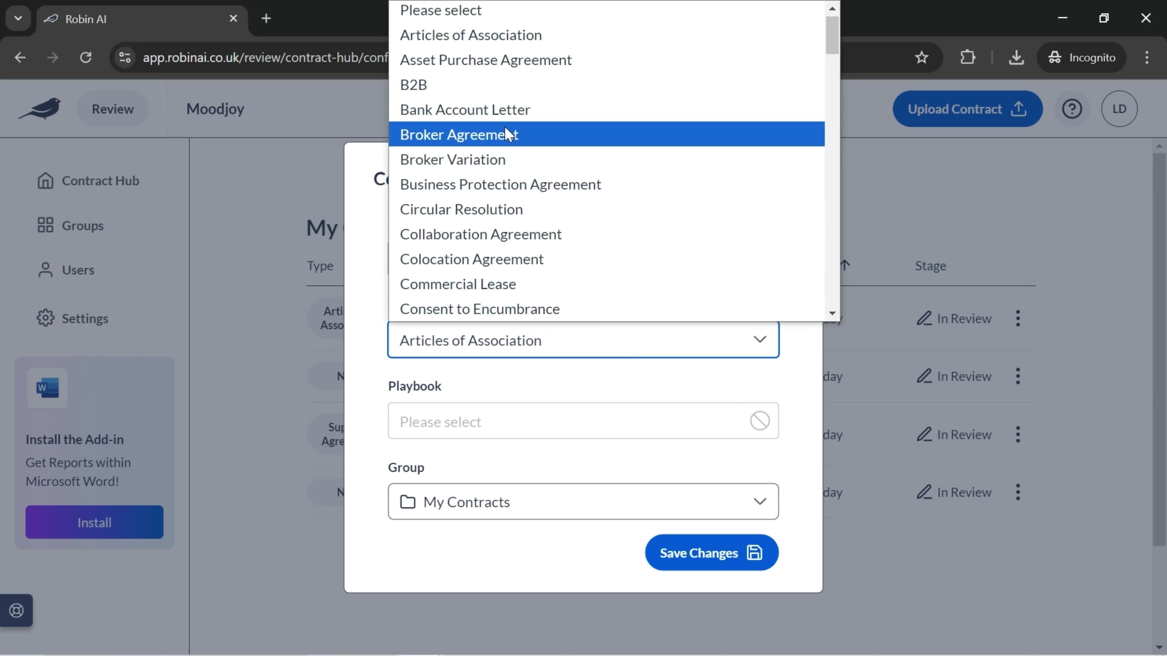 Configuring contracts screenshot