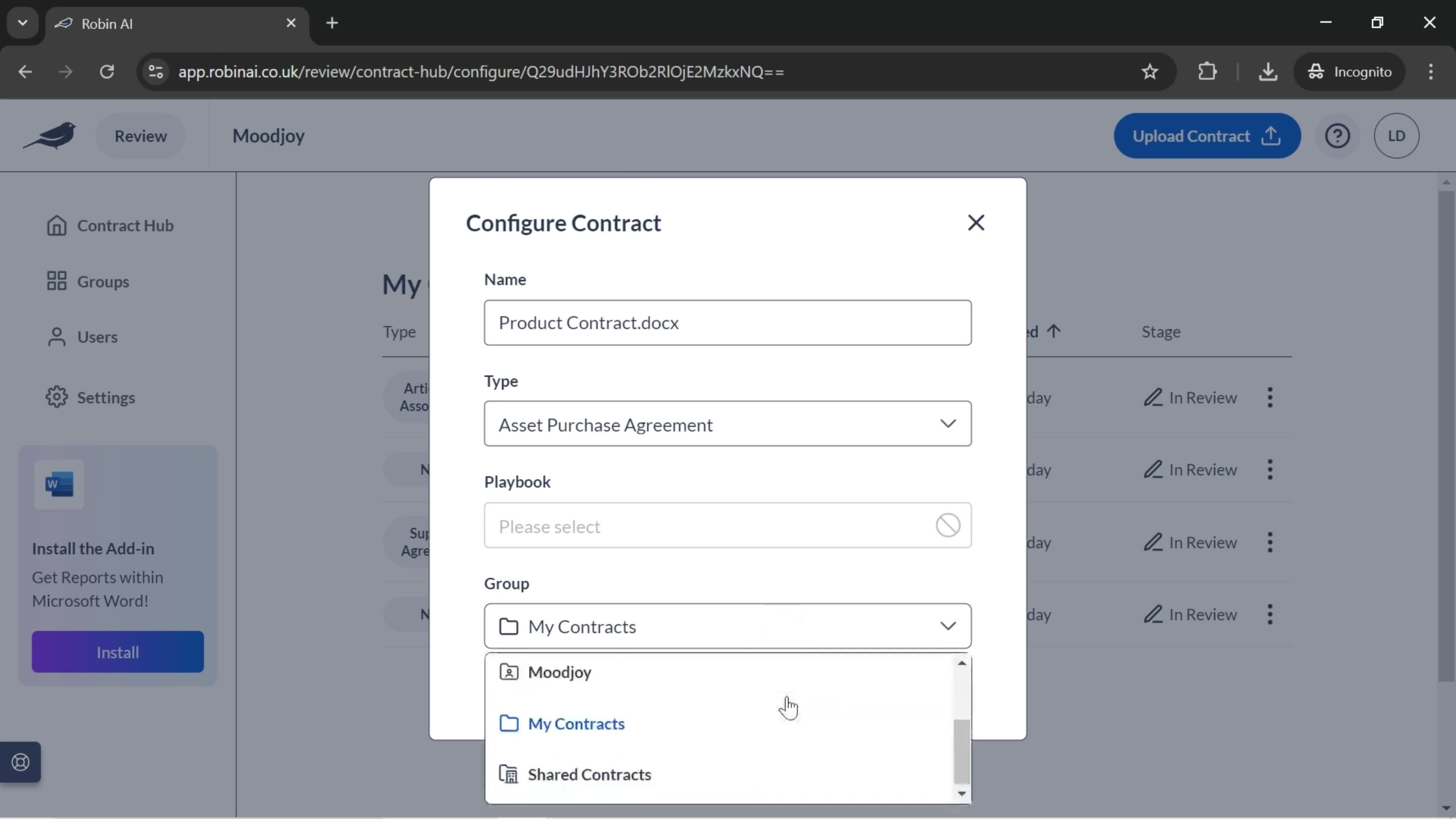 Configuring contracts screenshot