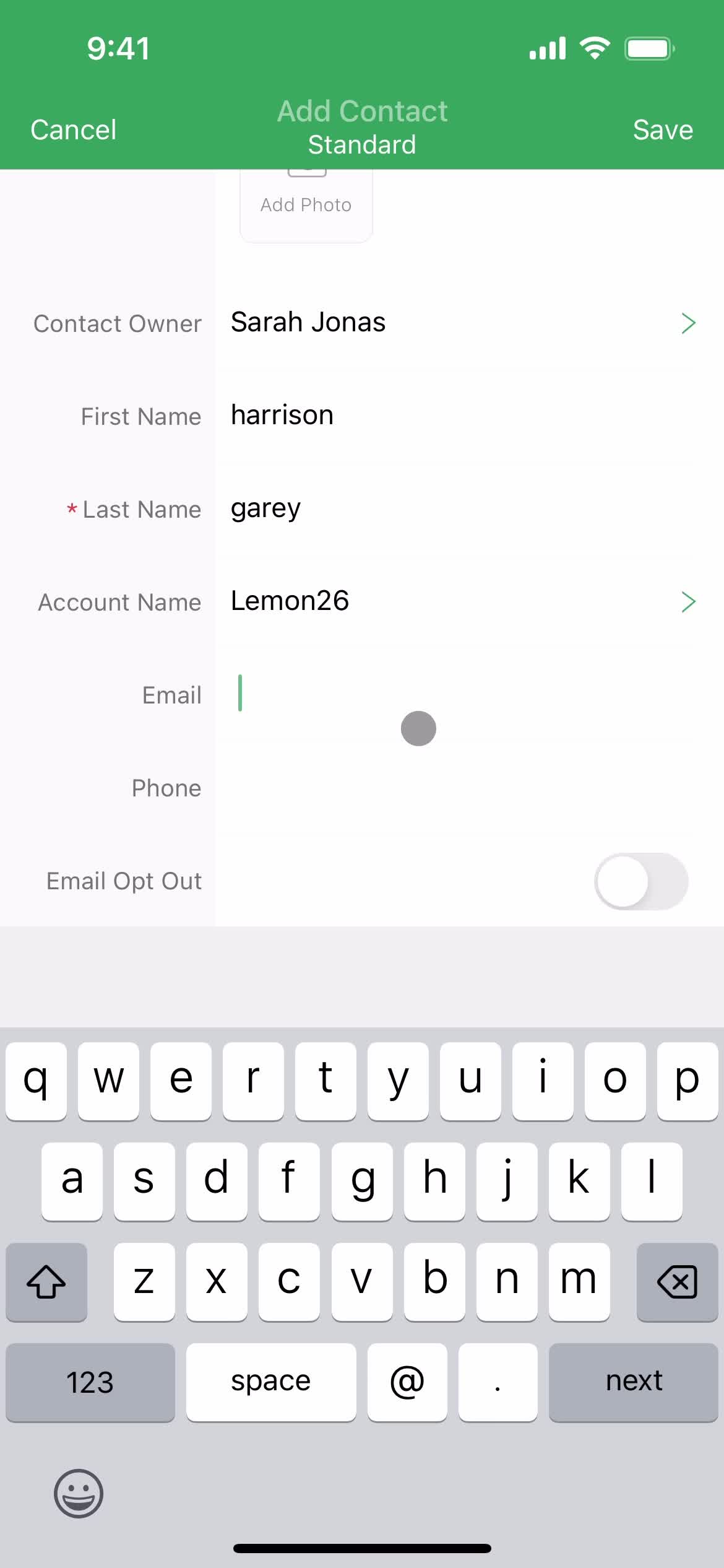 Adding a contact screenshot